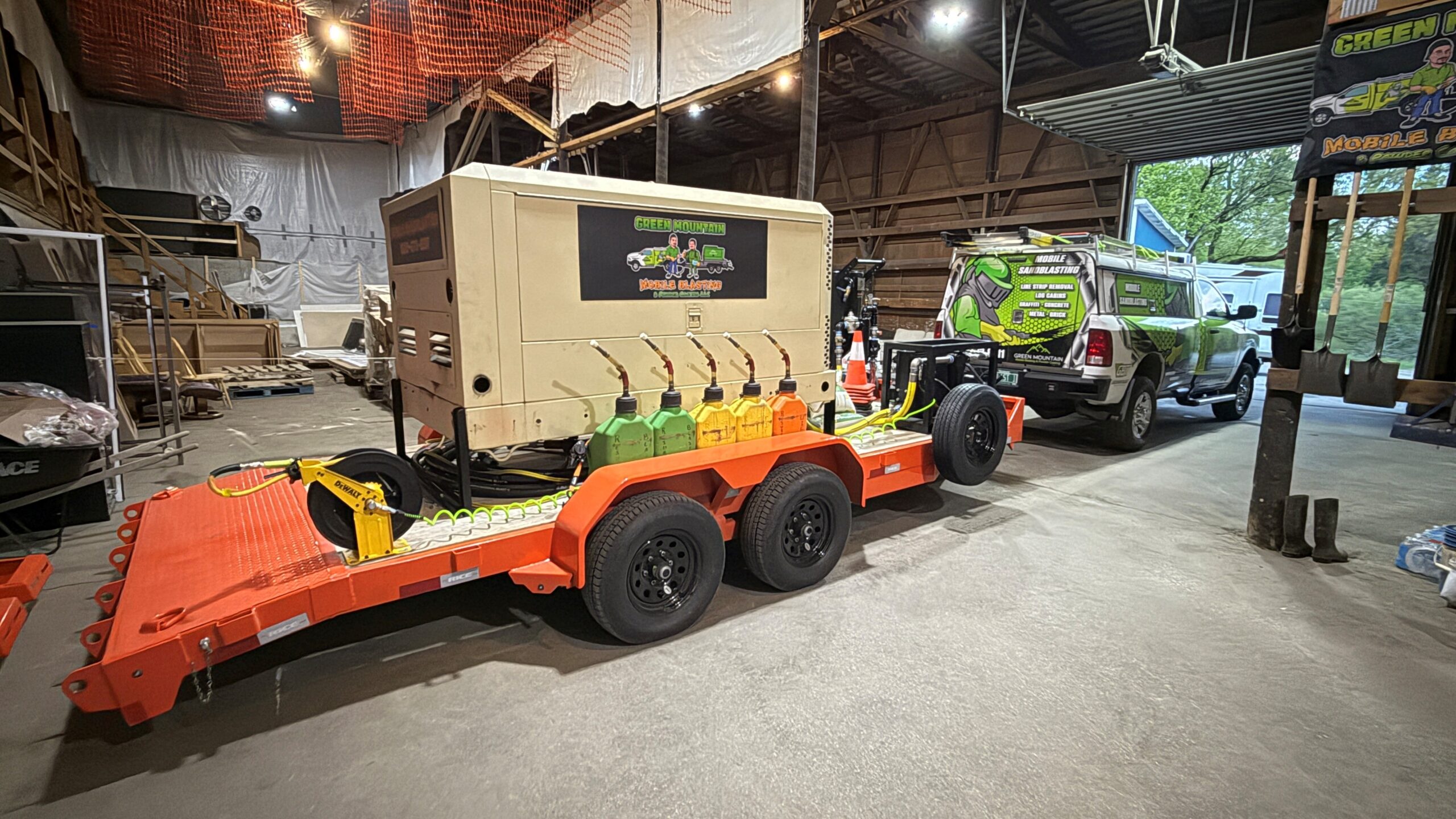New dry sandblasting trailer from Green Mountain Powder Coating inside workshop before painting and vinyl wrap