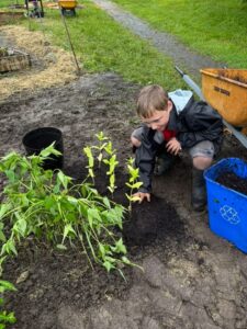 Students planting flowers and vegetables in school garden