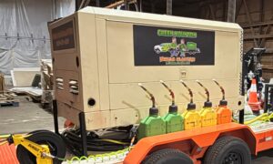 375 CFM mobile dry sandblasting trailer transformed from tan to branded rolling billboard by GM Powder Coating