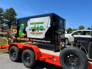 375 CFM mobile dry sandblasting trailer transformed from tan to branded rolling billboard by GM Powder Coating