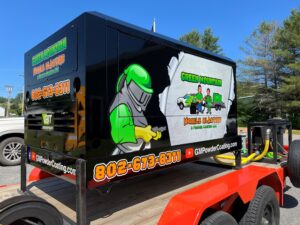375 CFM mobile dry sandblasting trailer transformed from tan to branded rolling billboard by GM Powder Coating