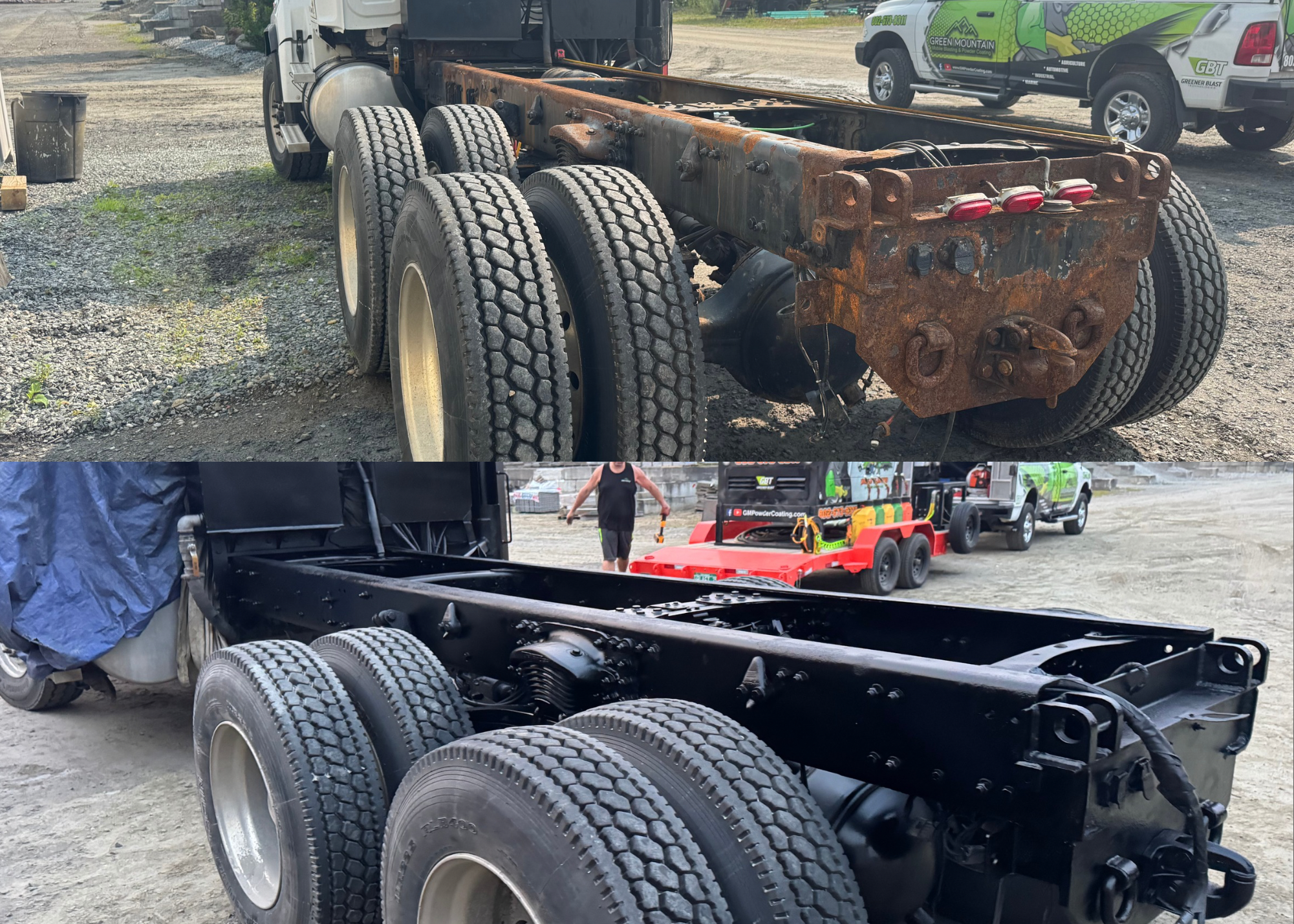 "Dump truck frame, rear suspension, and plow mount sandblasted and repainted by Green Mountain Mobile Sandblasting and Powder Coating"