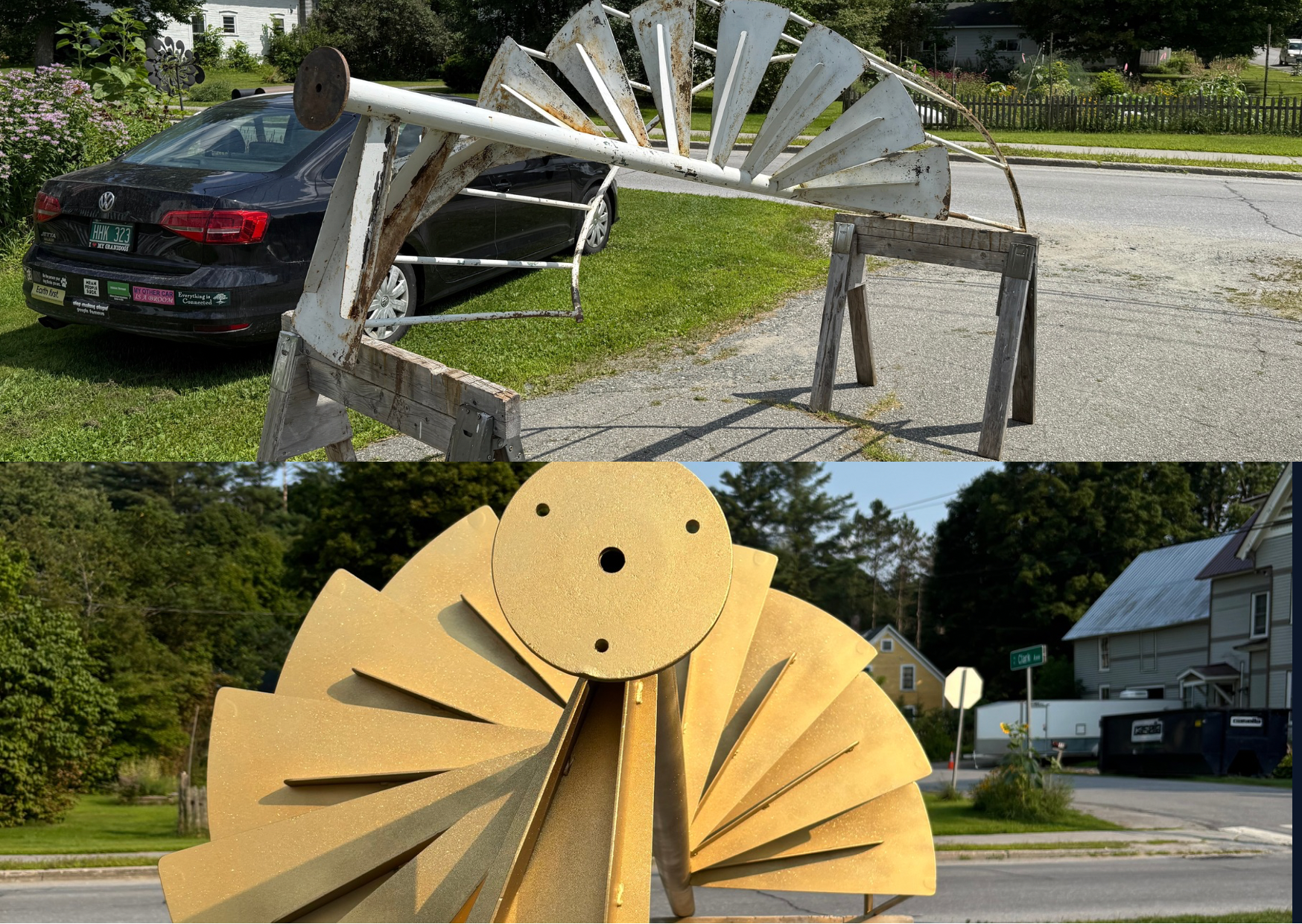 "Before and after spiral staircase sandblasted and painted gold sparkle by Green Mountain Mobile Sandblasting and Powder Coating in Johnson, Vermont"