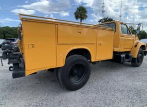 “1998 Ford F-800 mobile sandblasting truck with 5.9 Cummins engine being upgraded by Green Mountain Mobile Sandblasting and Powder Coating in Vermont”