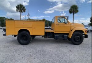 “1998 Ford F-800 mobile sandblasting truck with 5.9 Cummins engine being upgraded by Green Mountain Mobile Sandblasting and Powder Coating in Vermont”