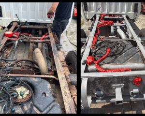 "2011 Chevy 3500 frame sandblasted by Green Mountain Mobile Sandblasting and Powder Coating"