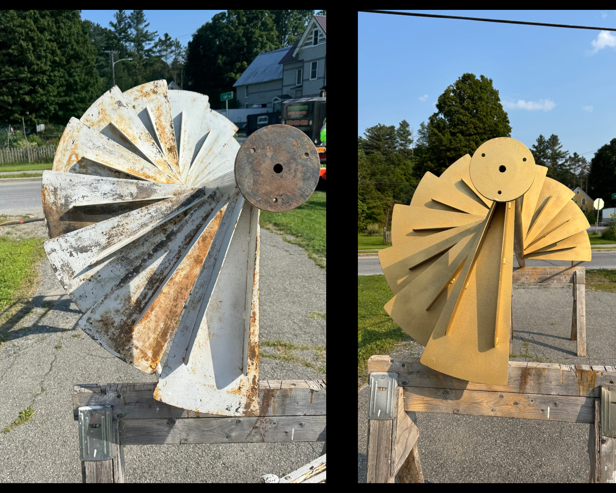 "Before and after spiral staircase sandblasted and painted gold sparkle by Green Mountain Mobile Sandblasting and Powder Coating in Johnson, Vermont"
