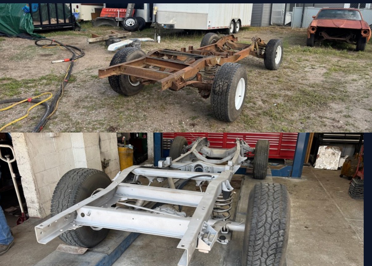 "Truck frame before and after rust removal by Green Mountain Mobile Sandblasting and Powder Coating for LOUKOS Plowing at Norm’s Auto Tech in Colchester VT"