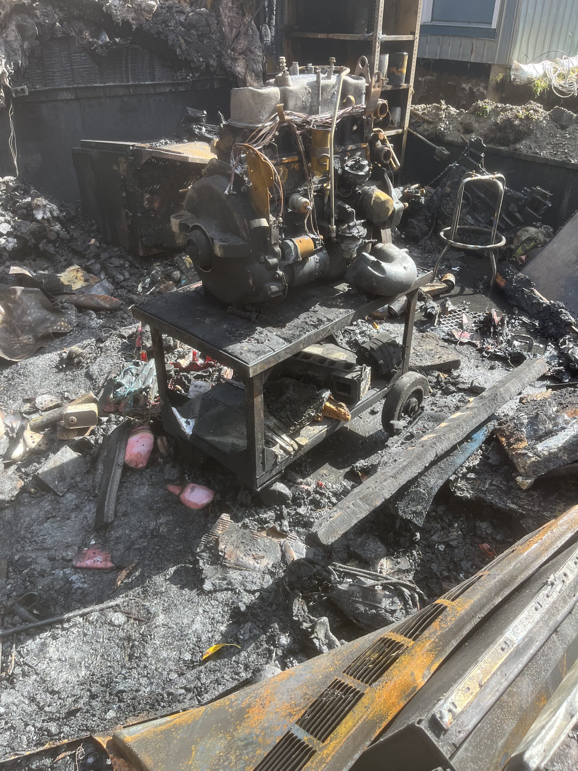 Restored 1940s Metal Workbench – Fire-Damaged Heirloom Refinished 1940s or 1950s fire-damaged metal workbench restored and painted by Green Mountain Mobile Sandblasting and Powder Coating