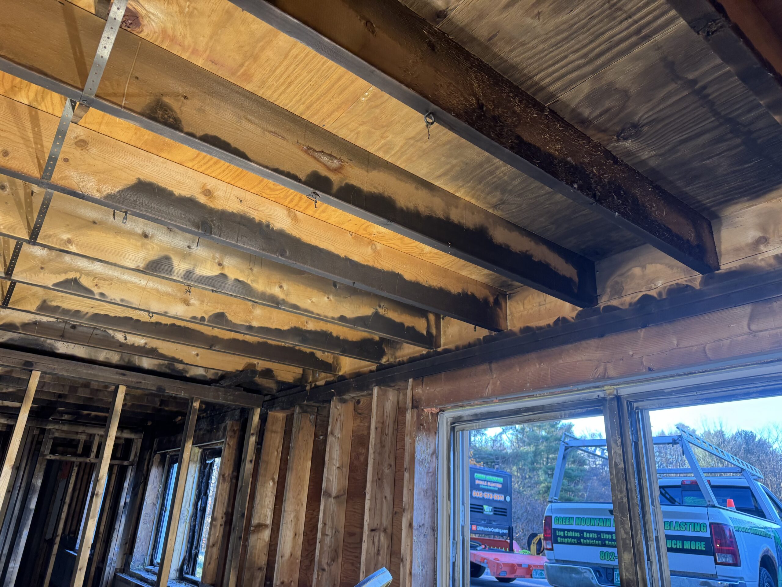 Before- Morrisville Insurance Job – Ceiling, Header & Cell Sandblasting After Fire Damage Fire-damaged unit in Morrisville Vermont sandblasted by Green Mountain Mobile Sandblasting and Powder Coating for insurance restoration