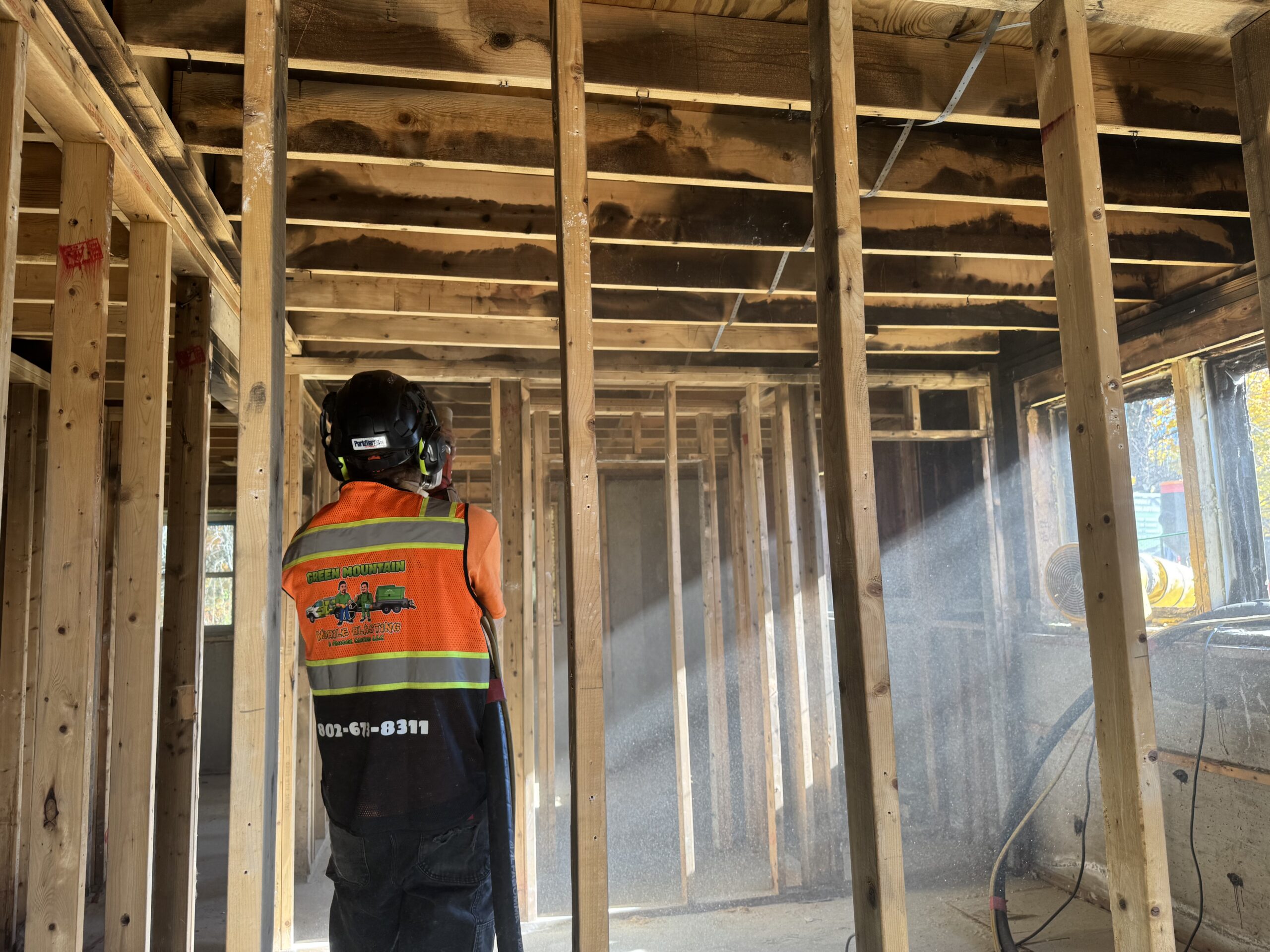 Before- Morrisville Insurance Job – Ceiling, Header & Cell Sandblasting After Fire Damage Fire-damaged unit in Morrisville Vermont sandblasted by Green Mountain Mobile Sandblasting and Powder Coating for insurance restoration