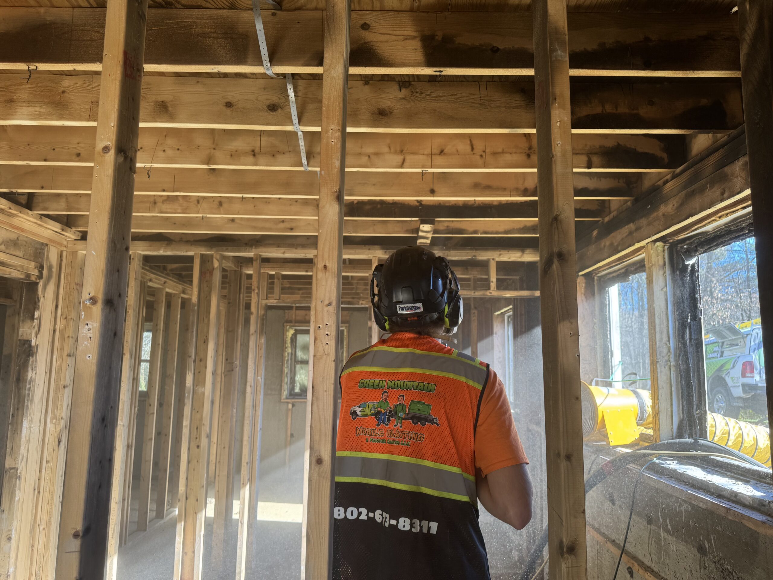 During- Morrisville Insurance Job – Ceiling, Header & Cell Sandblasting After Fire Damage Fire-damaged unit in Morrisville Vermont sandblasted by Green Mountain Mobile Sandblasting and Powder Coating for insurance restoration
