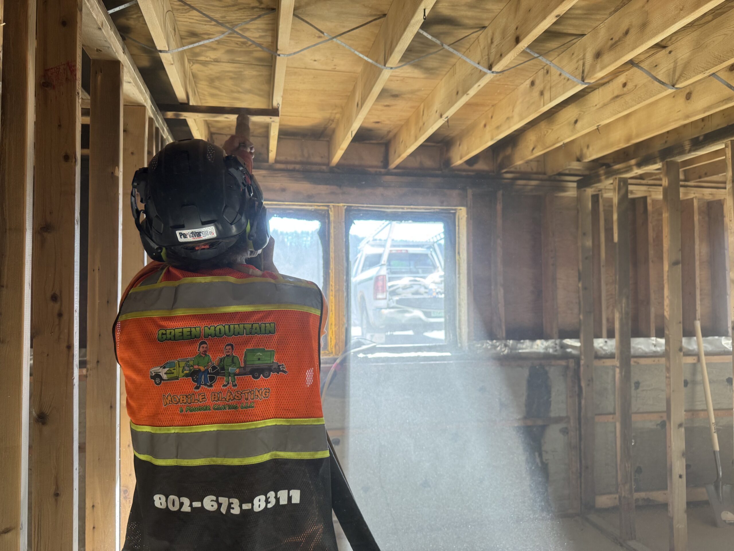 During- Morrisville Insurance Job – Ceiling, Header & Cell Sandblasting After Fire Damage Fire-damaged unit in Morrisville Vermont sandblasted by Green Mountain Mobile Sandblasting and Powder Coating for insurance restoration