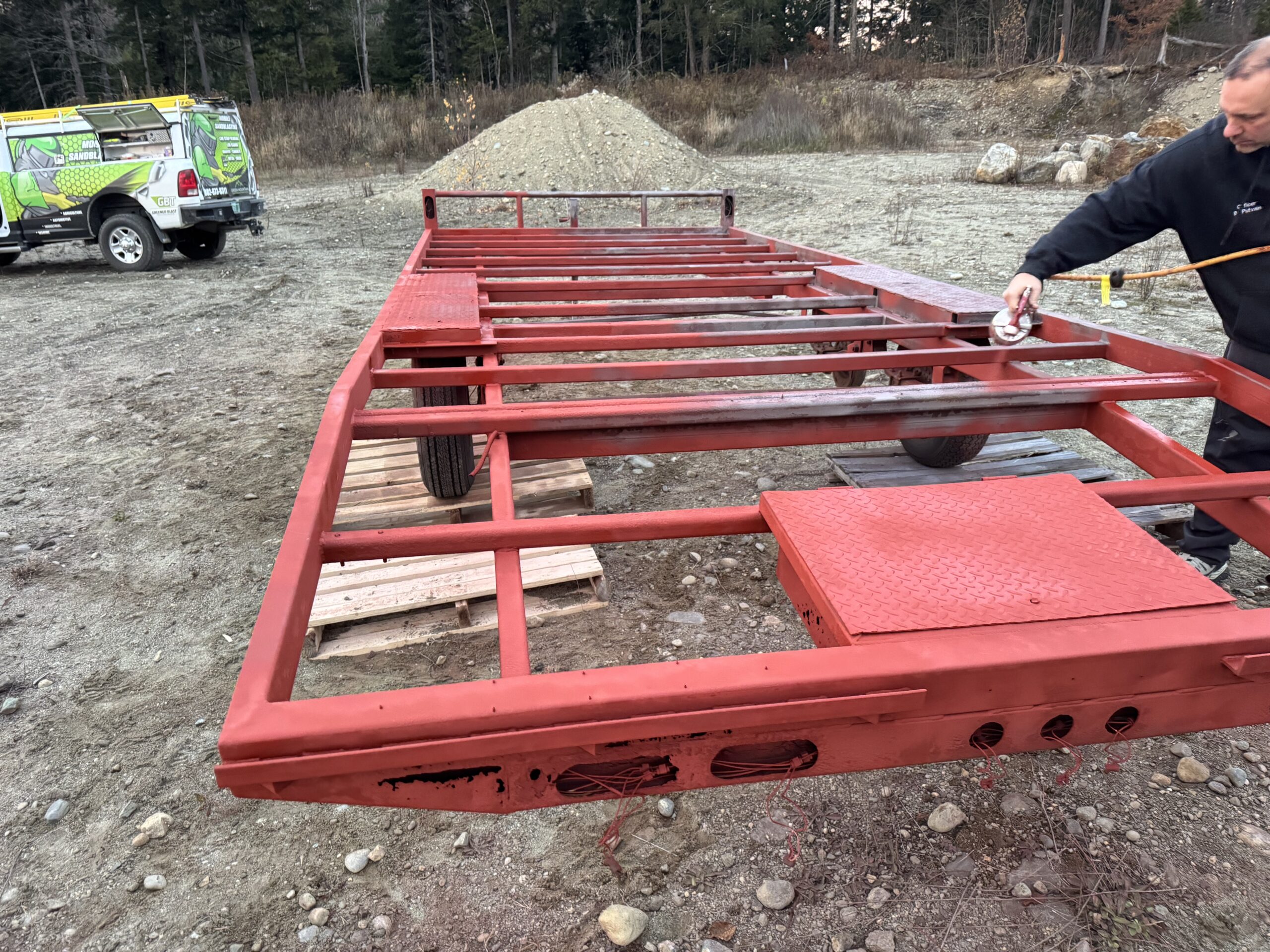 : Dual Frame Sandblasting and XIONLABS Rust Encapsulation Two truck frames sandblasted side by side and coated with XIONLABS 2-in-1 rust converter and encapsulator by Green Mountain Mobile Sandblasting and Powder Coating