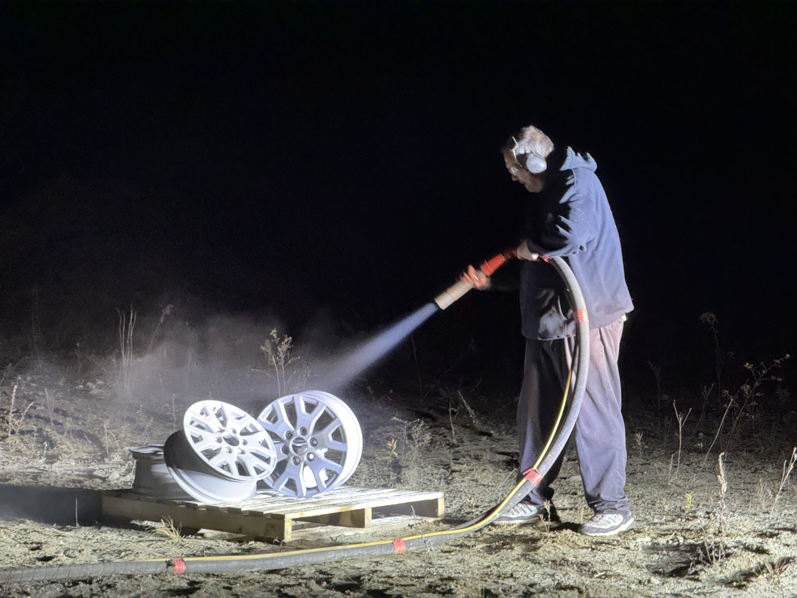 Sandblasting Rims Two truck frames sandblasted side by side and coated with XIONLABS 2-in-1 rust converter and encapsulator by Green Mountain Mobile Sandblasting and Powder Coating