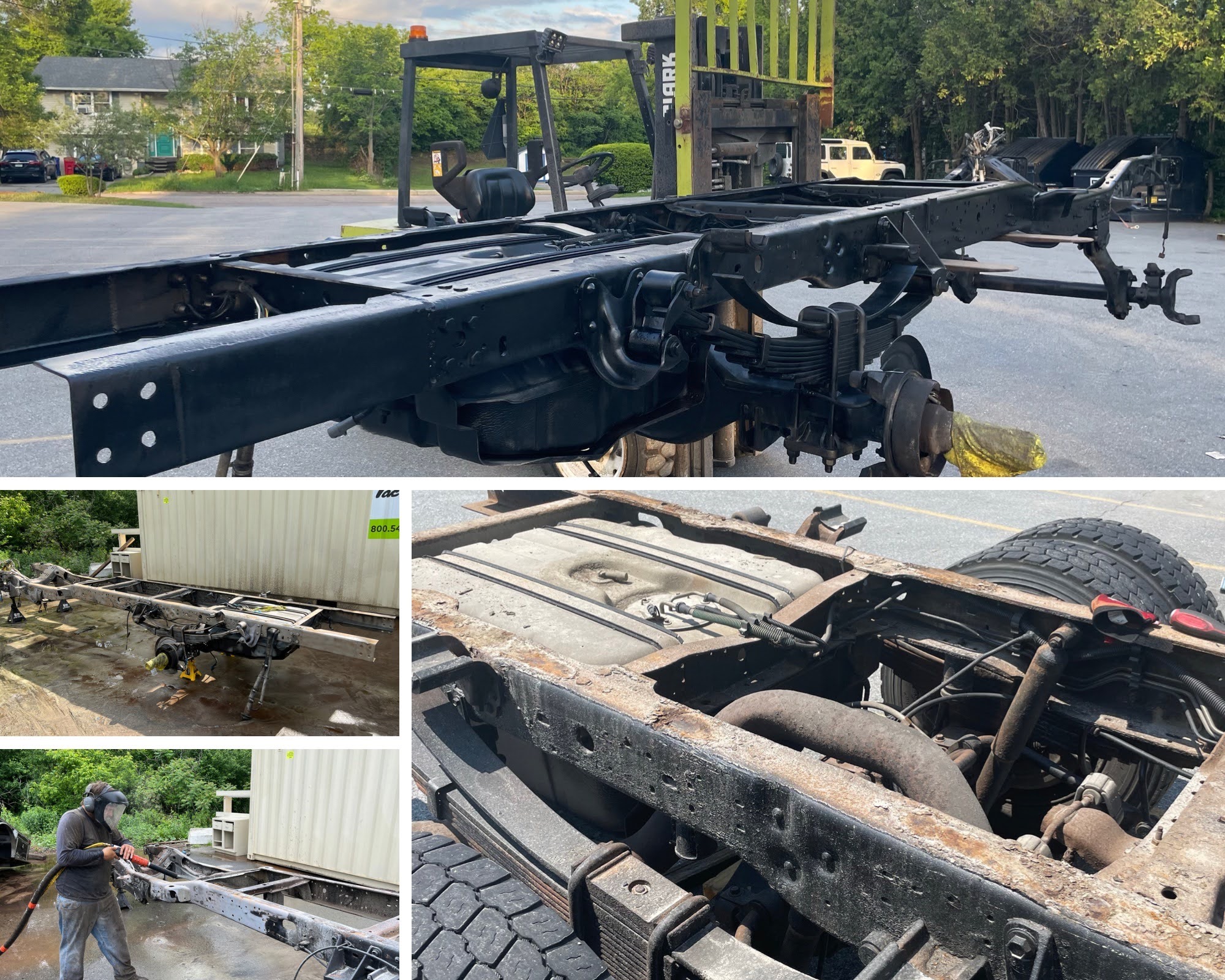 Wet Sandblasting with Customer Paint – Truck Frame & Flatbed Project Truck frame and flatbed wet sandblasted and painted with black paint supplied by customer by Green Mountain Mobile Sandblasting and Powder Coating