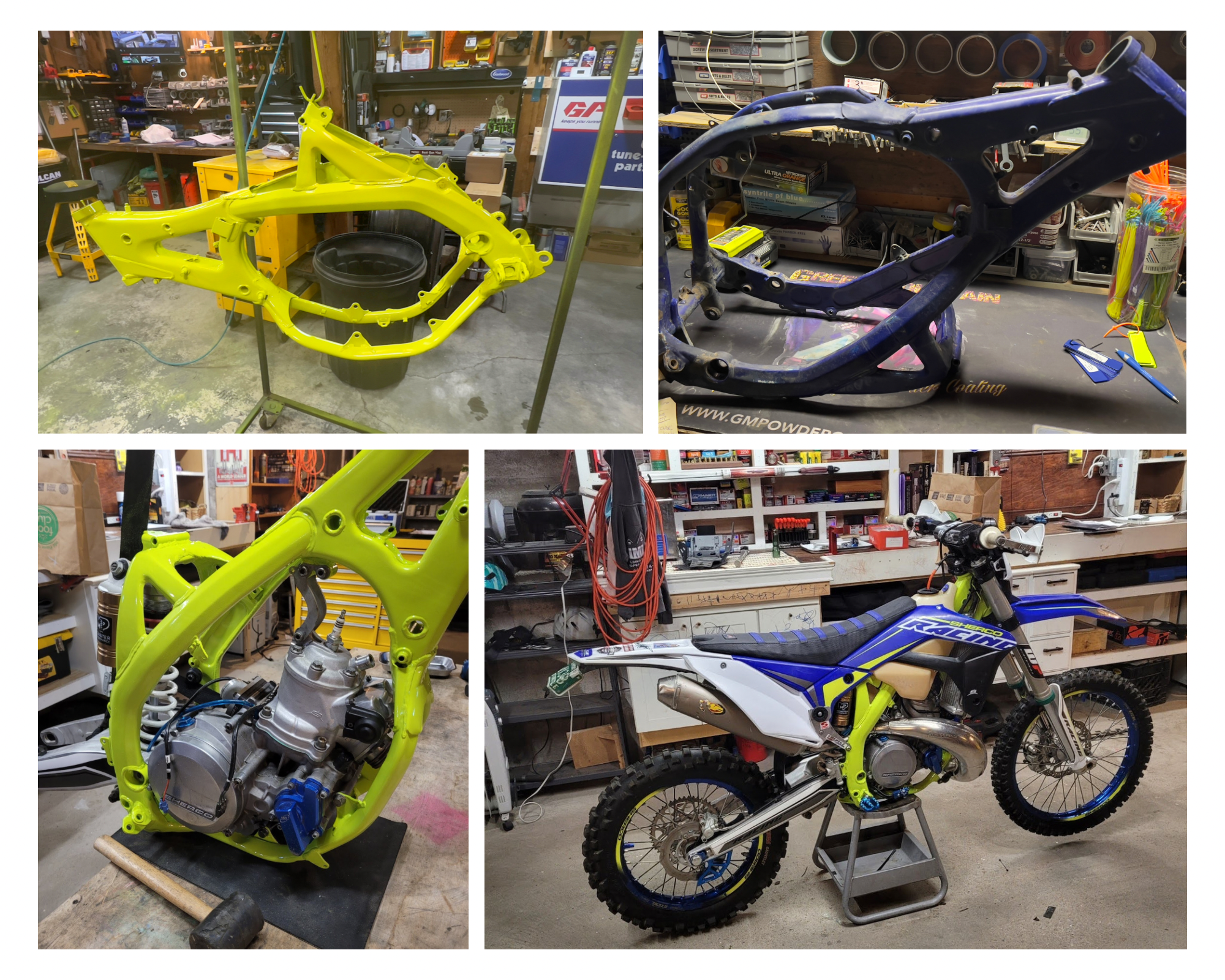 Dirt Bike Frame – Sherbert Powder Coat Finish Dirt bike frame powder coated in Sherbert color by Green Mountain Mobile Sandblasting and Powder Coating