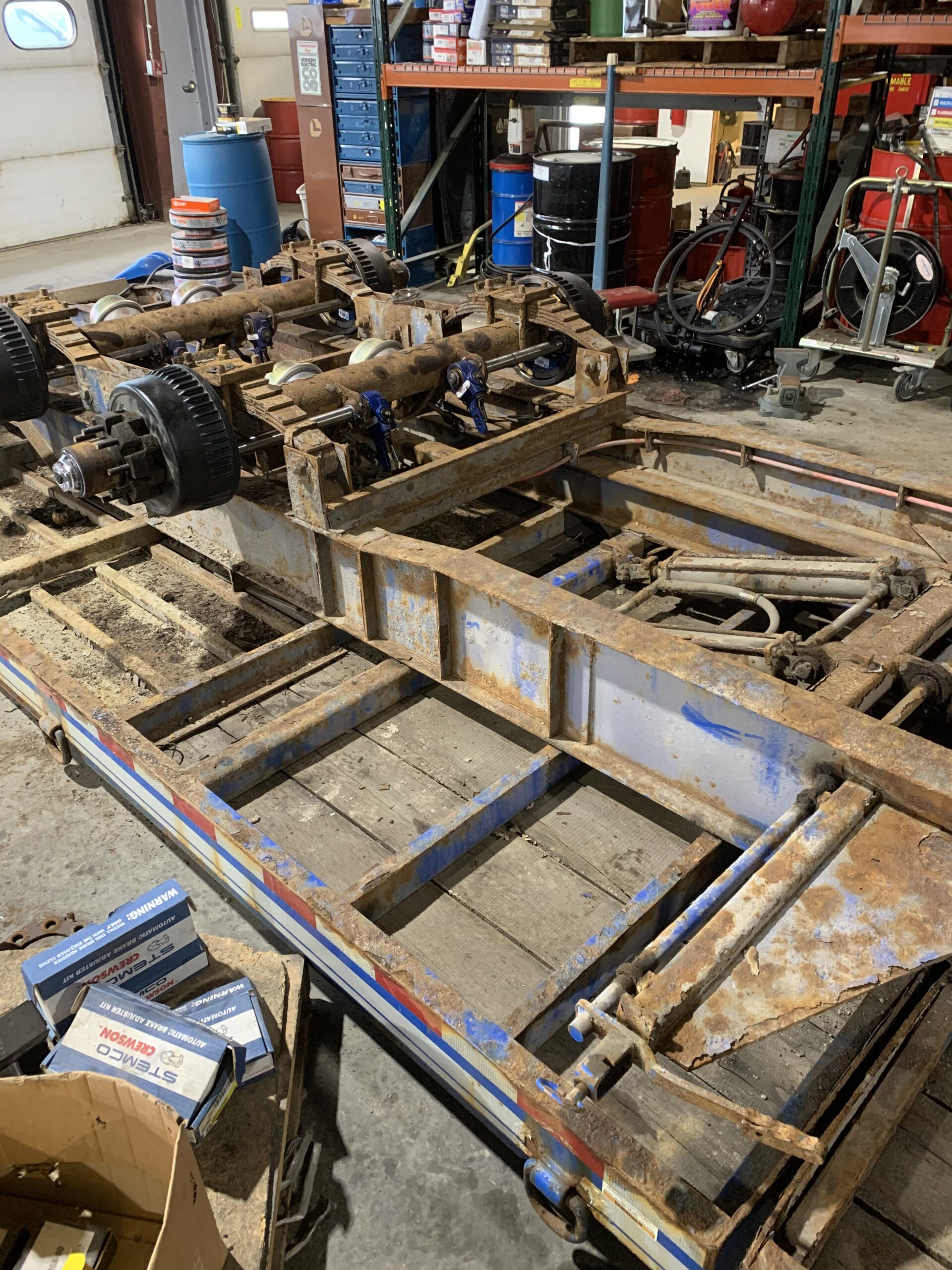 Utility Trailer Frame – Sandblasting for Electric Company Fleet Trailer frame sandblasted by Green Mountain Mobile Sandblasting and Powder Coating for an electric company