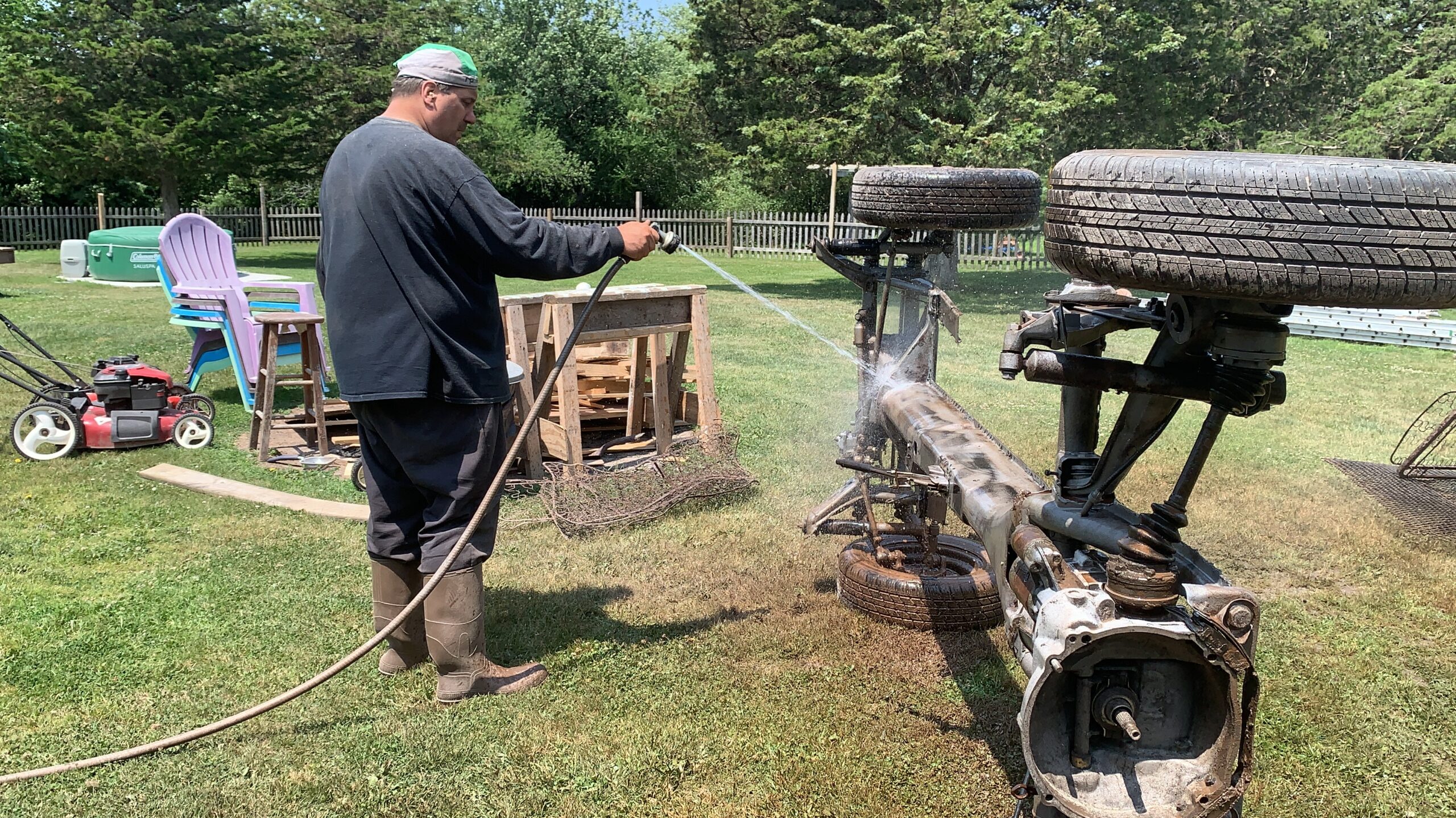 VW Bus Frame – Wet Sandblasting in Progress VW bus frame being wet sandblasted by Green Mountain Mobile Sandblasting and Powder Coating