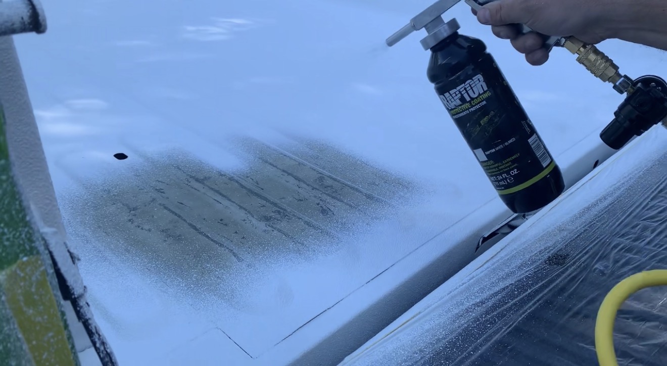 Truck Bedliner Application – Raptor Coating in Progress Truck bed being coated with Raptor bedliner by Green Mountain Mobile Sandblasting and Powder Coating