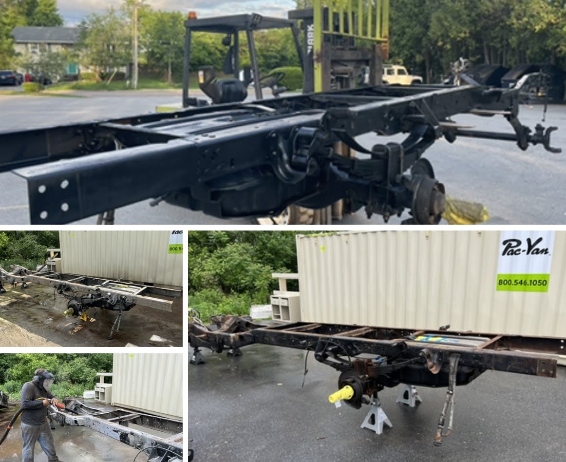 Wet Sandblasting with Customer Paint – Truck Frame & Flatbed Project Truck frame and flatbed wet sandblasted and painted with black paint supplied by customer by Green Mountain Mobile Sandblasting and Powder Coating