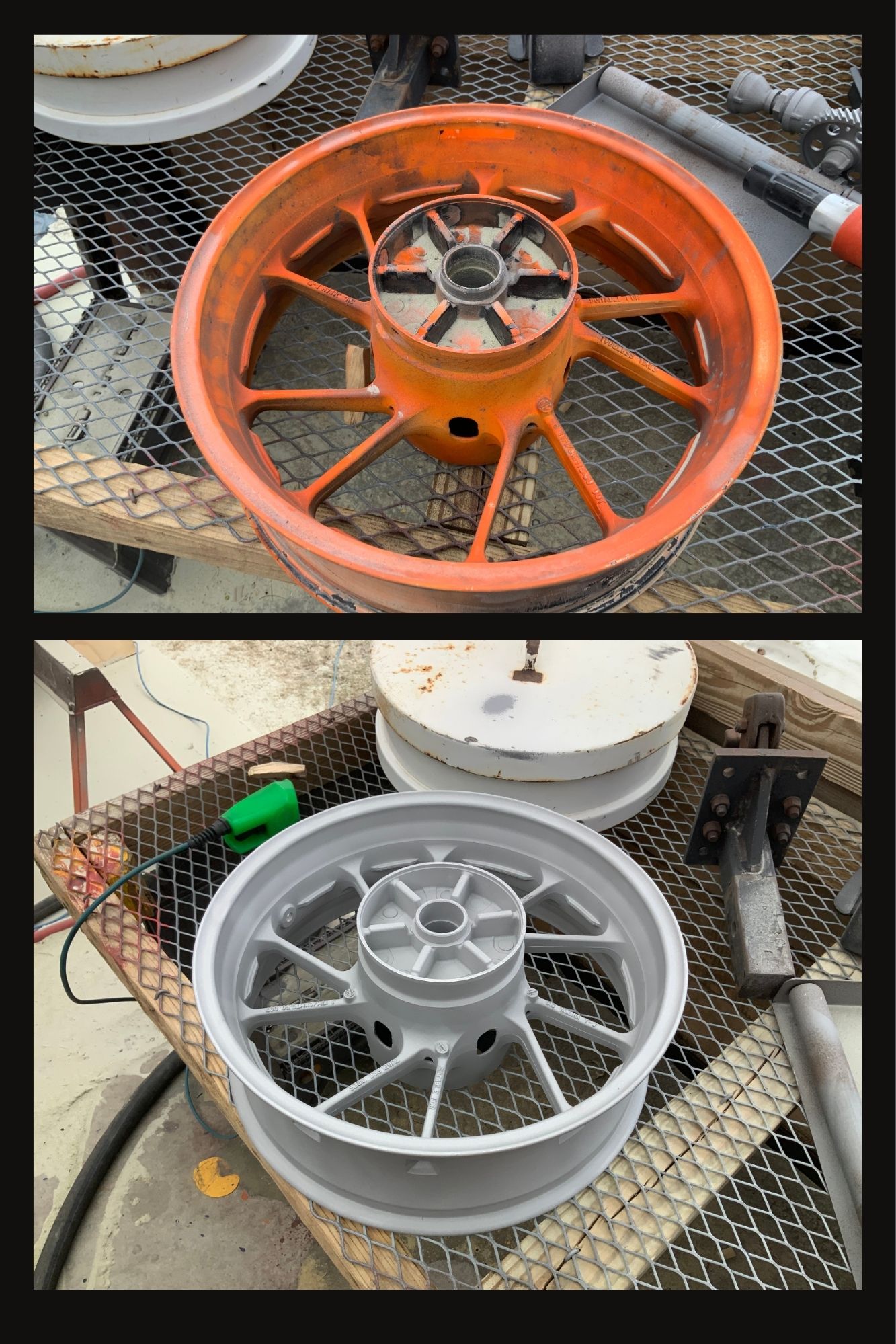 2017 Yamaha FZ-07 Rims Powder Coated Mayhem Blue 2017 Yamaha FZ-07 motorcycle rims sandblasted and powder coated Mayhem Blue by Green Mountain Mobile Sandblasting and Powder Coating LLC