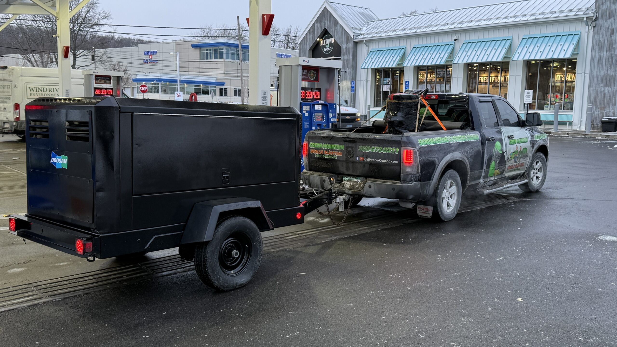 Picking Up Our Backup Doosan 375 CFM Compressor Green Mountain Mobile Sandblasting and Powder Coating transporting a Doosan 375 CFM air compressor from Connecticut back to Vermont