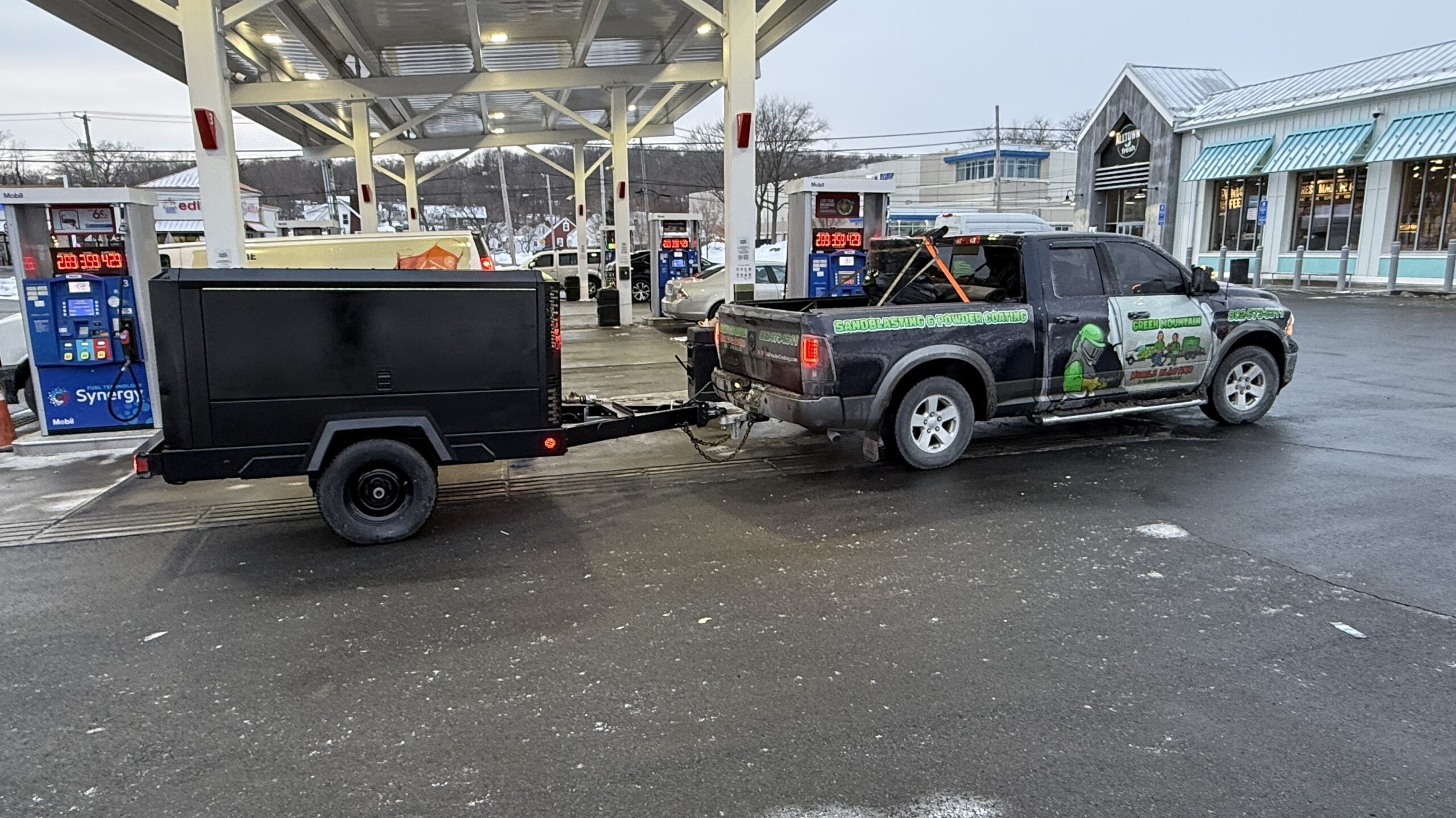 Picking Up Our Backup Doosan 375 CFM Compressor Green Mountain Mobile Sandblasting and Powder Coating transporting a Doosan 375 CFM air compressor from Connecticut back to Vermont