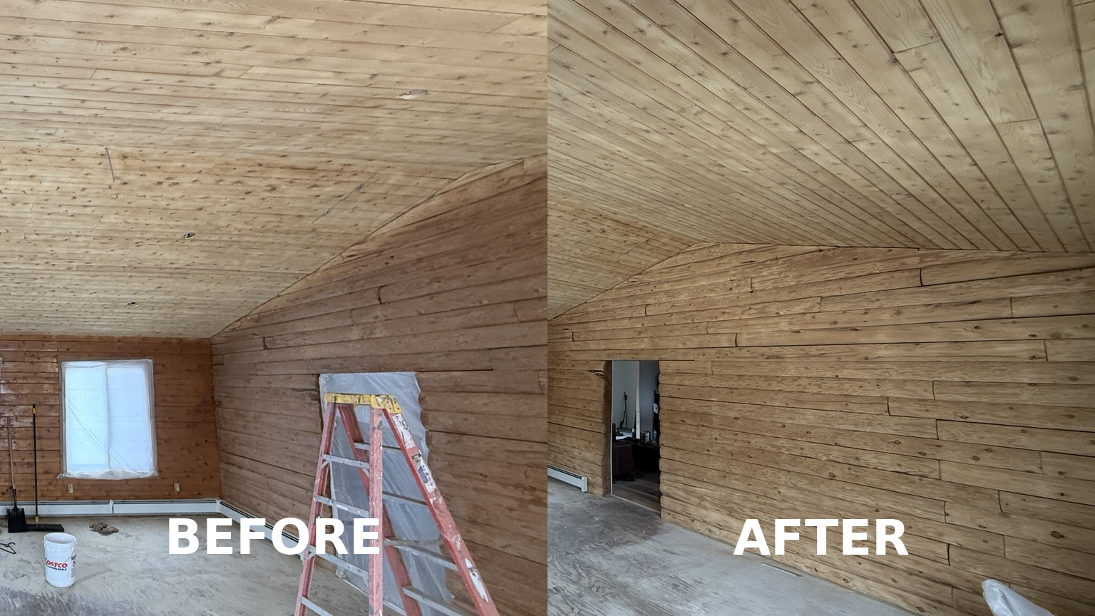 Log Cabin Bedroom Wall Sandblasting Log cabin bedroom ceiling and log wall being sandblasted during renovation by Green Mountain Mobile Sandblasting and Powder Coating LLC