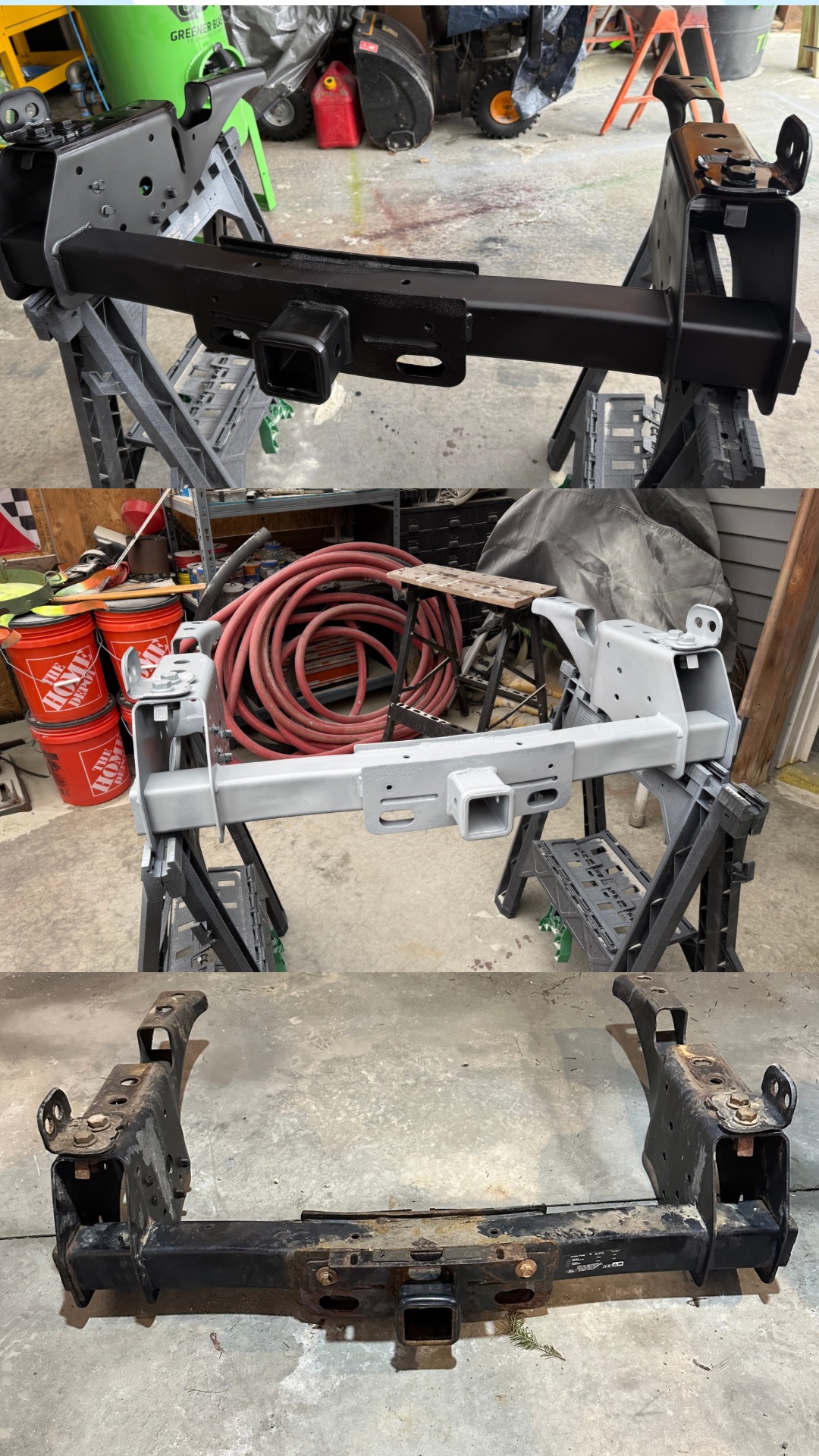 Ford F-250 Factory Hitch Sandblasted and Bedliner Coated Ford F-250 factory trailer hitch sandblasted and coated with bedliner by Green Mountain Mobile Sandblasting and Powder Coating LLC