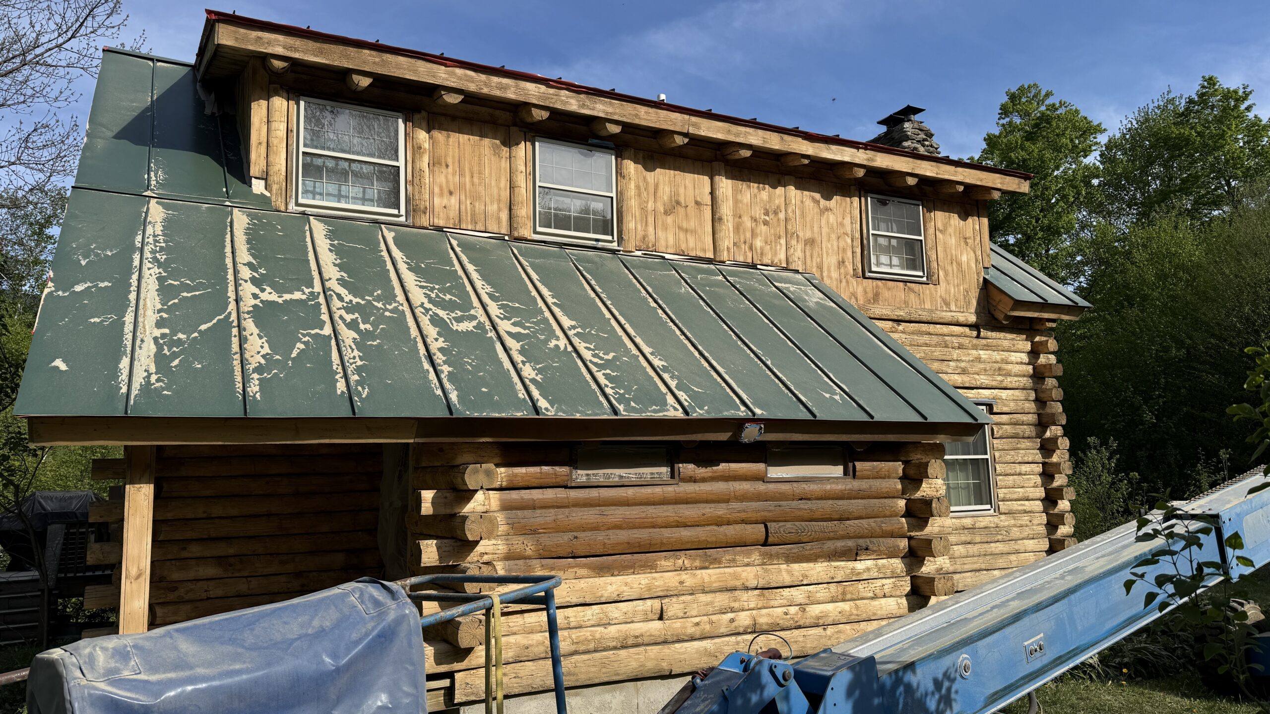 Northern Vermont Log Cabin – Before & After Sandblasting Log cabin sandblasting project in Northern Vermont showing before during and after restoration by Green Mountain Sandblasting and Powder Coating LLC