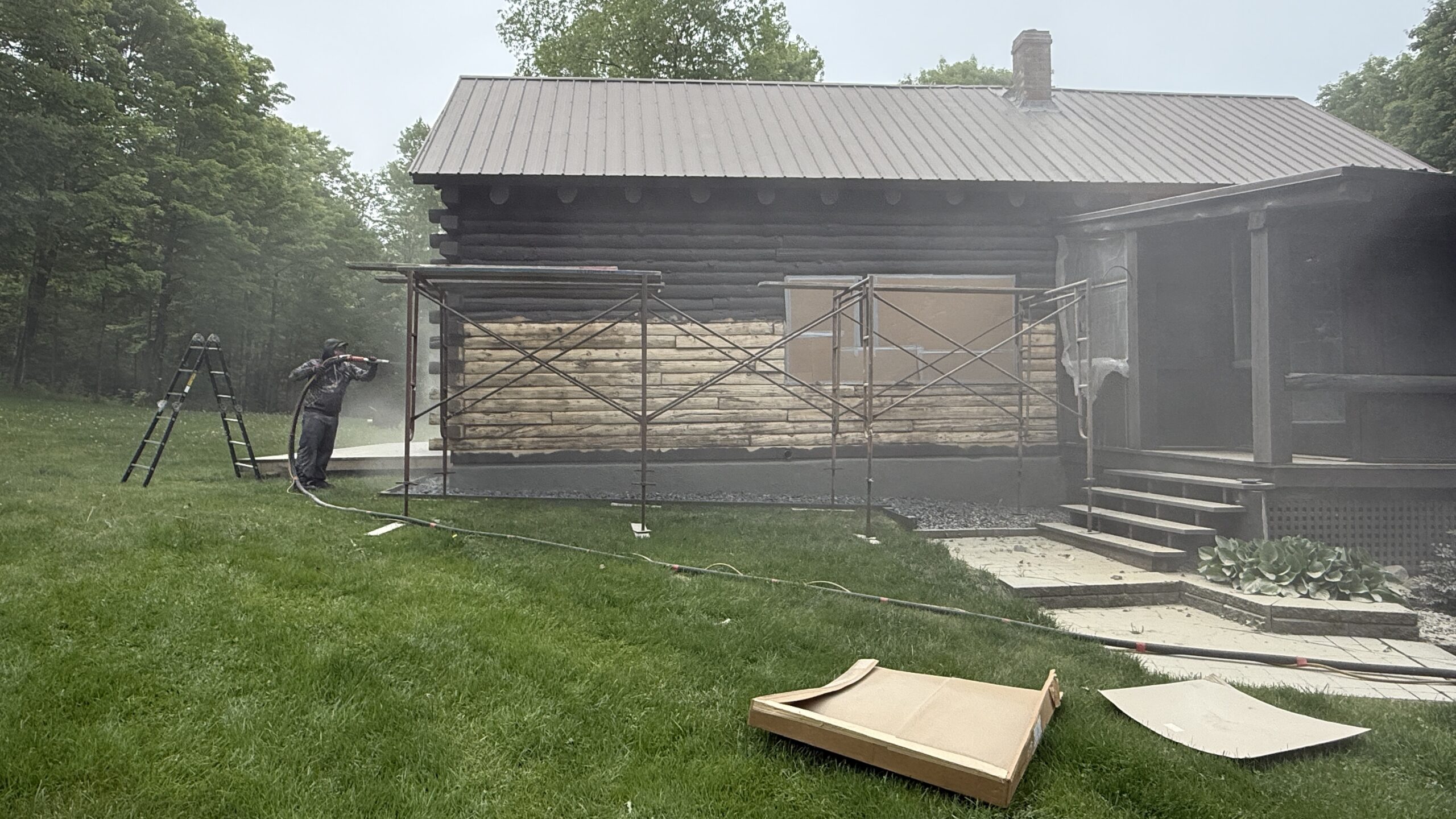 West Burke Log Cabin – Before, During & After Sandblasting Log cabin sandblasting project in West Burke Vermont showing before during and after restoration by Green Mountain Sandblasting and Powder Coating LLC