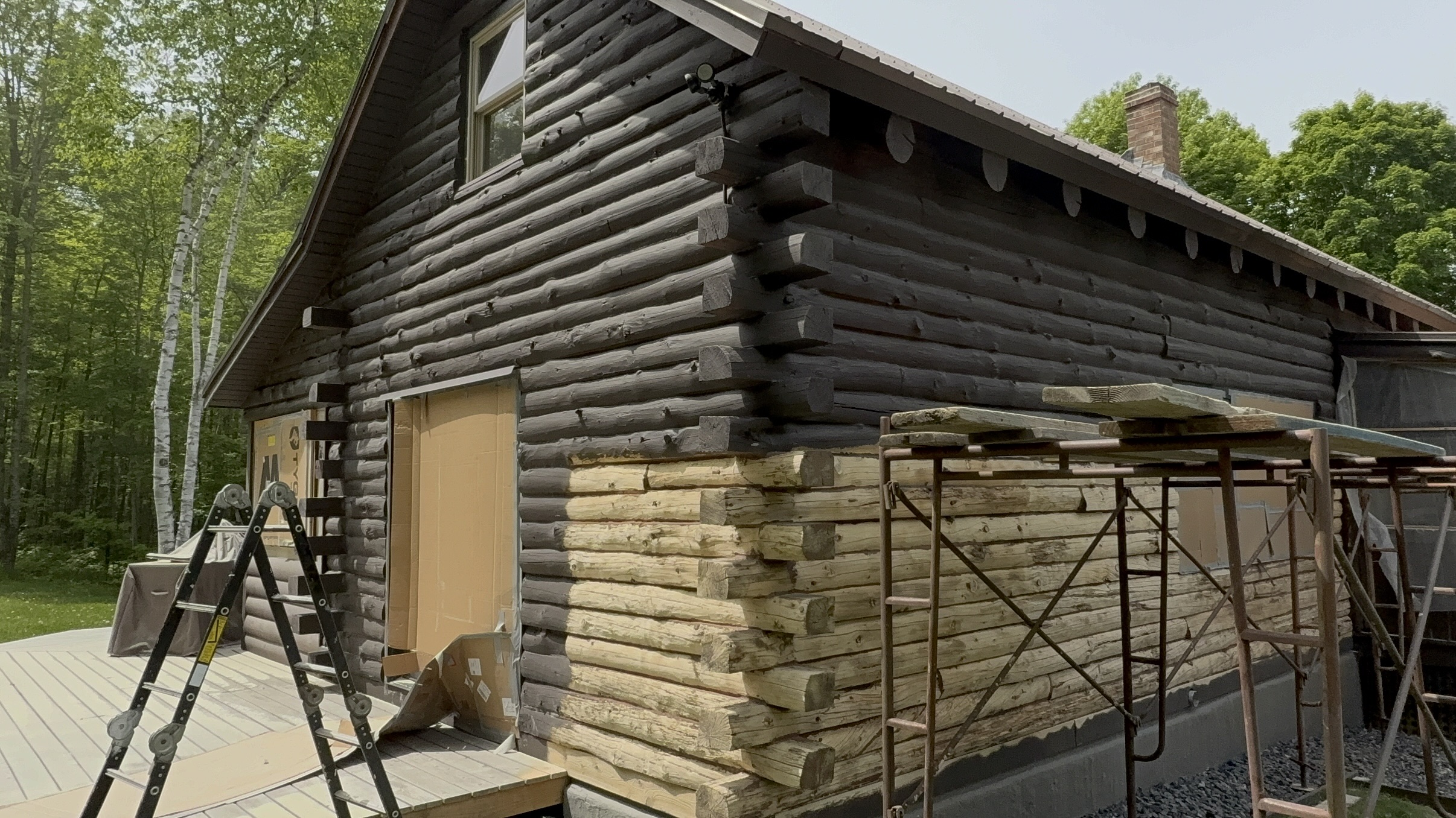 West Burke Log Cabin – Before, During & After Sandblasting Log cabin sandblasting project in West Burke Vermont showing before during and after restoration by Green Mountain Sandblasting and Powder Coating LLC