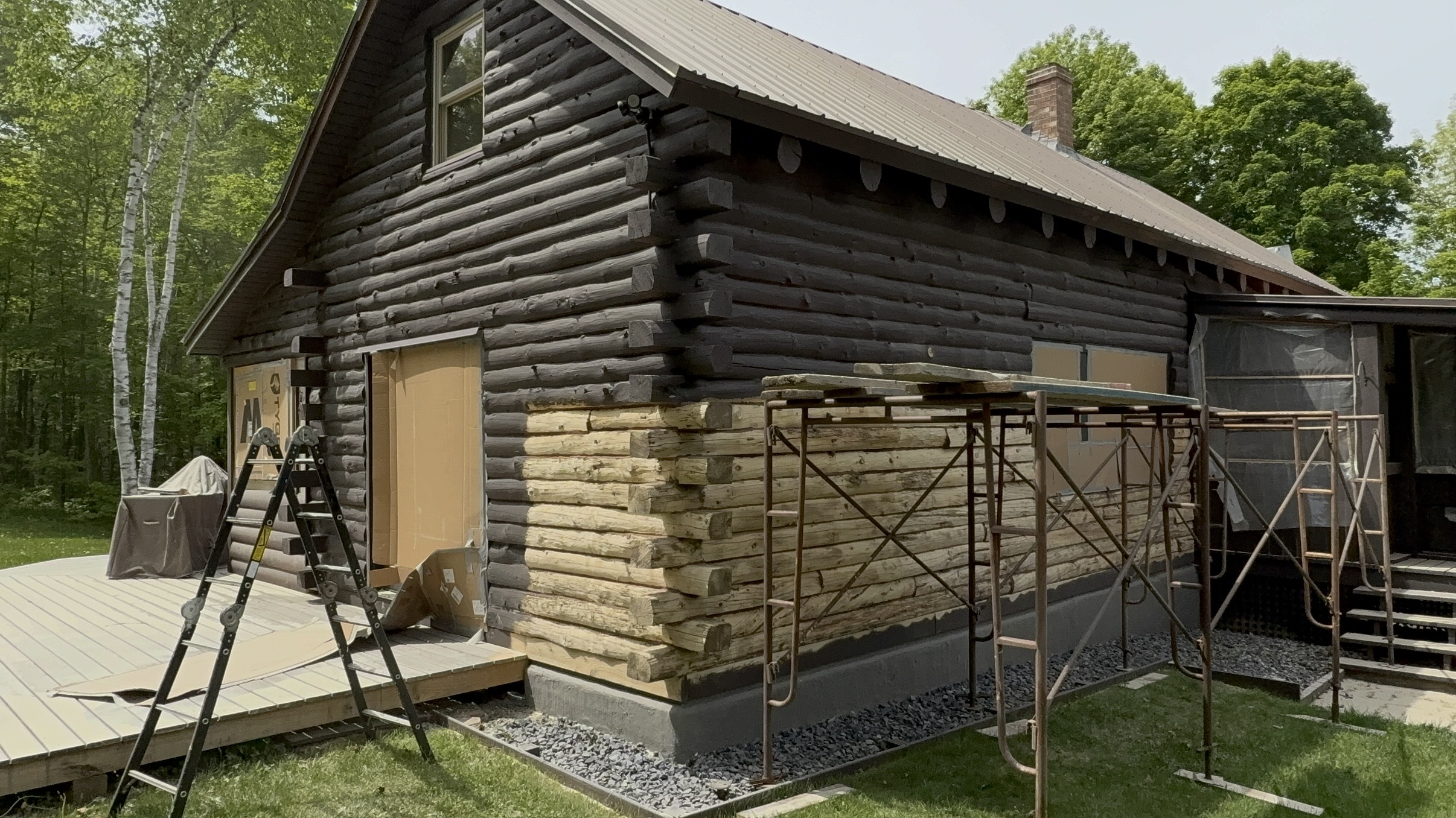 West Burke Log Cabin – Before, During & After Sandblasting Log cabin sandblasting project in West Burke Vermont showing before during and after restoration by Green Mountain Sandblasting and Powder Coating LLC