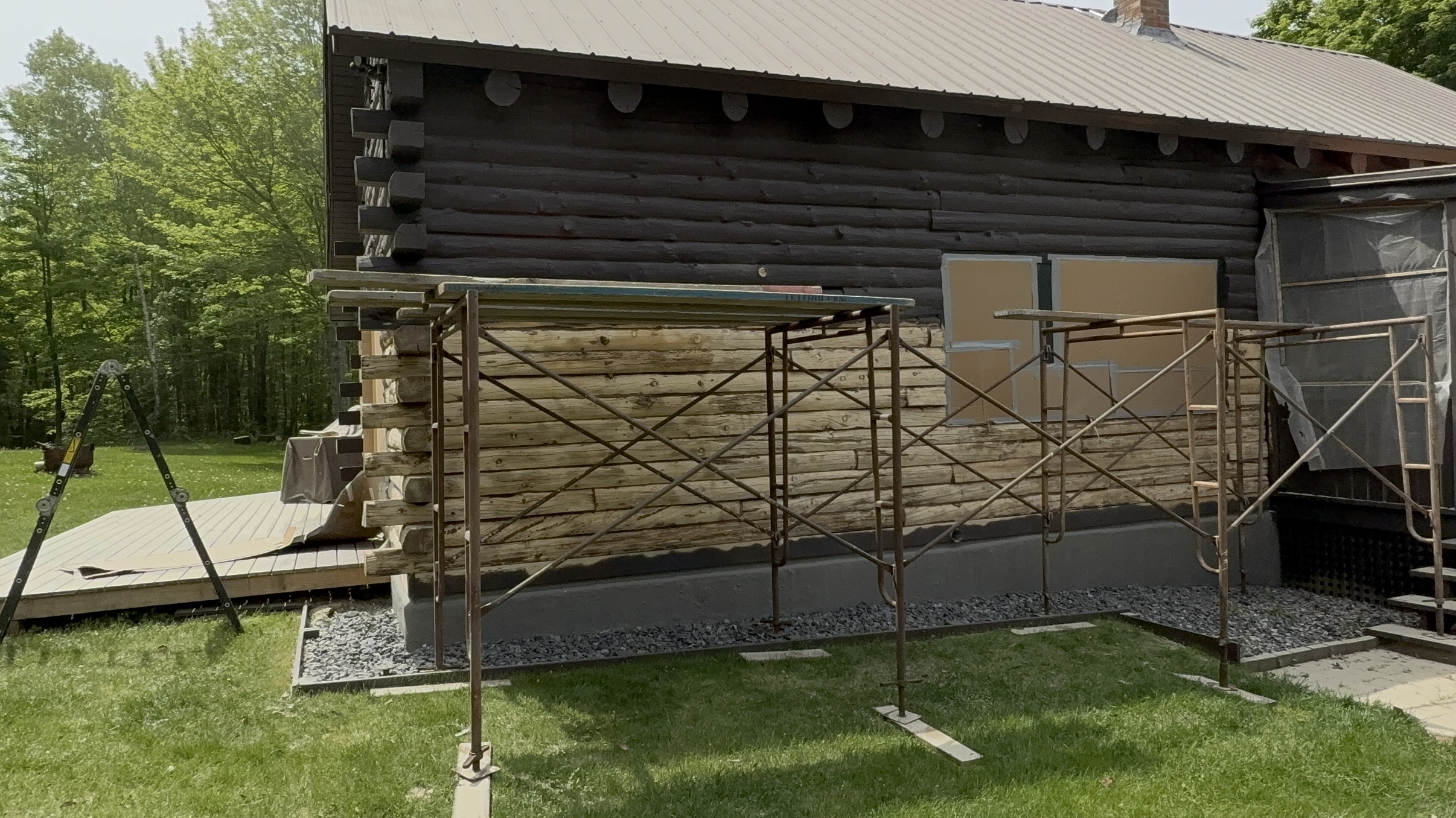 West Burke Log Cabin – Before, During & After Sandblasting Log cabin sandblasting project in West Burke Vermont showing before during and after restoration by Green Mountain Sandblasting and Powder Coating LLC
