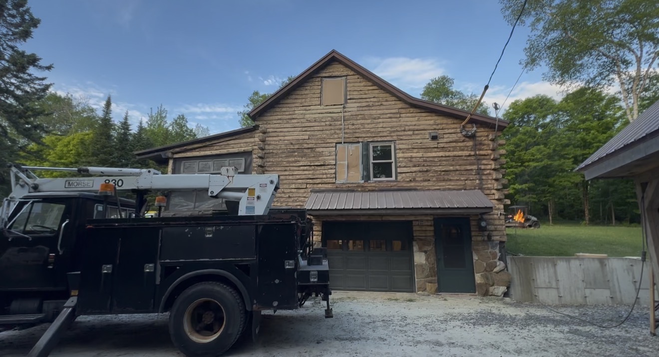 West Burke Log Cabin – Before, During & After Sandblasting Log cabin sandblasting project in West Burke Vermont showing before during and after restoration by Green Mountain Sandblasting and Powder Coating LLC