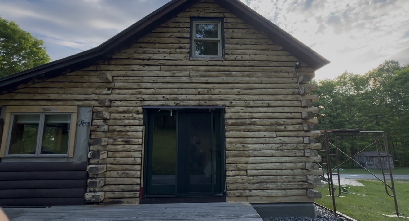 West Burke Log Cabin – Before, During & After Sandblasting Log cabin sandblasting project in West Burke Vermont showing before during and after restoration by Green Mountain Sandblasting and Powder Coating LLC