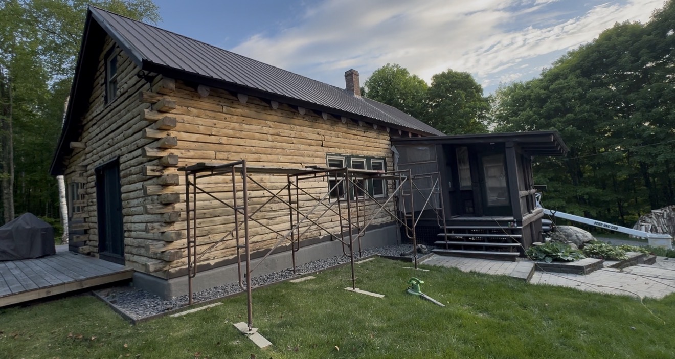 West Burke Log Cabin – Before, During & After Sandblasting Log cabin sandblasting project in West Burke Vermont showing before during and after restoration by Green Mountain Sandblasting and Powder Coating LLC