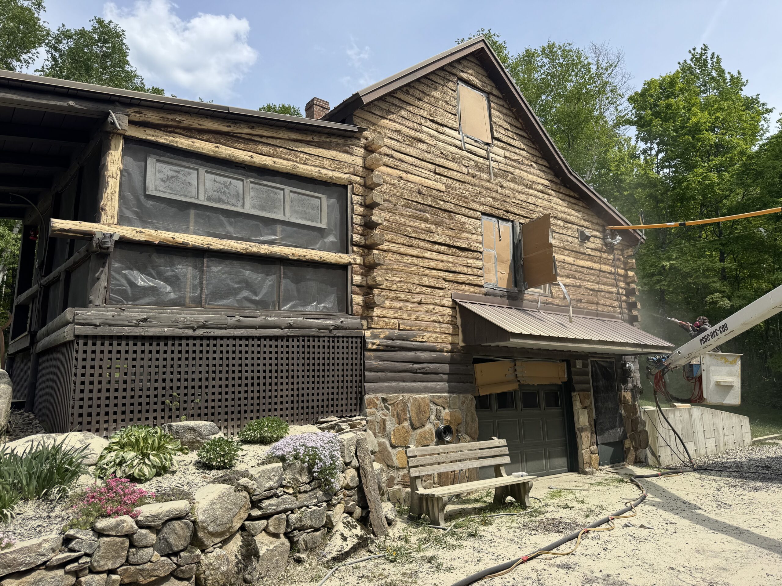 West Burke Log Cabin – Before, During & After Sandblasting Log cabin sandblasting project in West Burke Vermont showing before during and after restoration by Green Mountain Sandblasting and Powder Coating LLC