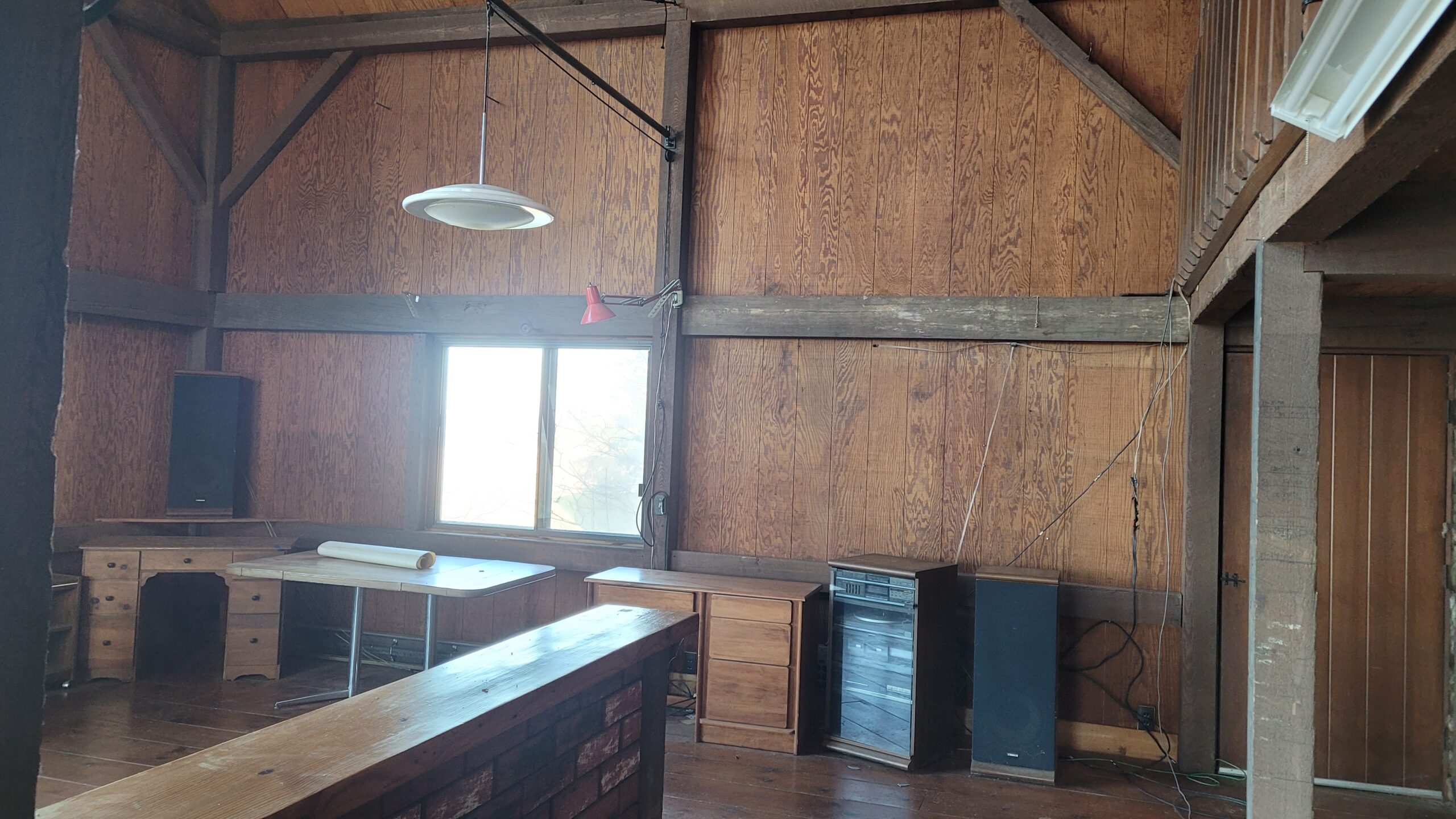 Lake Champlain Cabin – Interior Wood Sandblasting Restoration Cabin interior ceilings and wood beams sandblasted on Lake Champlain by Green Mountain Sandblasting and Powder Coating LLC showing before during and after restoration