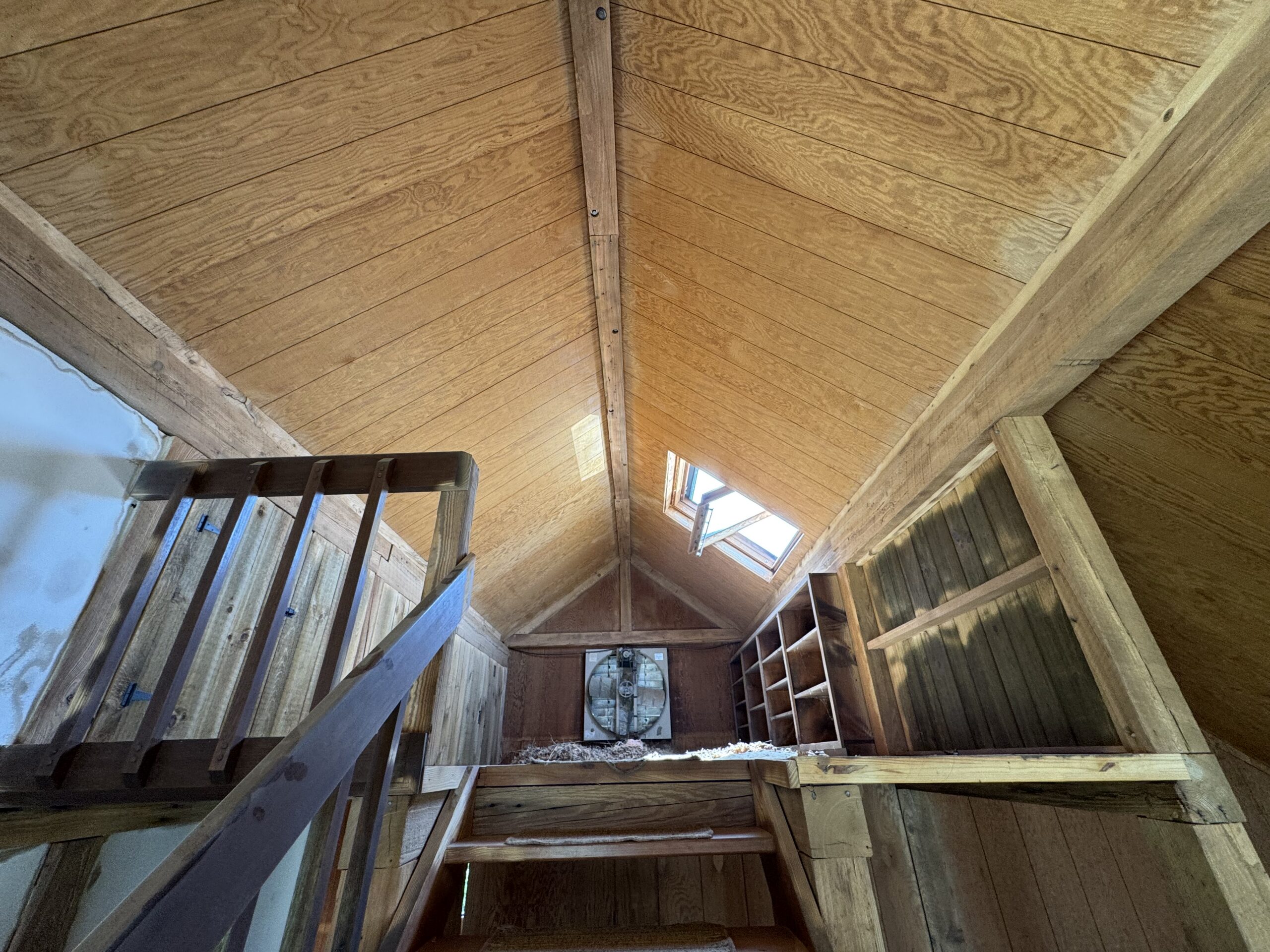 Lake Champlain Cabin – Interior Wood Sandblasting Restoration Cabin interior ceilings and wood beams sandblasted on Lake Champlain by Green Mountain Sandblasting and Powder Coating LLC showing before during and after restoration