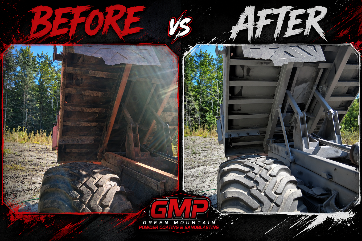 Old State Dump Truck Restoration – Complete Sandblasting & Rust Treatment Before during and after restoration of an old state dump truck with the dump bed frame and front plow attachments sandblasted and treated with XIONLABS