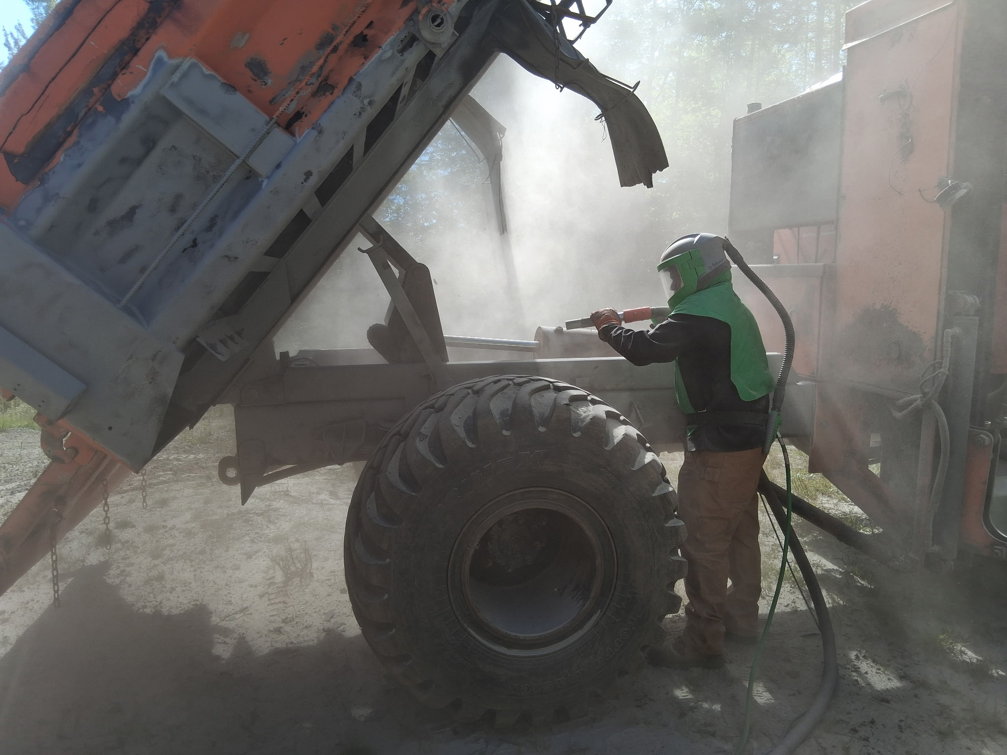 Old State Dump Truck Restoration – Complete Sandblasting & Rust Treatment Before during and after restoration of an old state dump truck with the dump bed frame and front plow attachments sandblasted and treated with XIONLABS