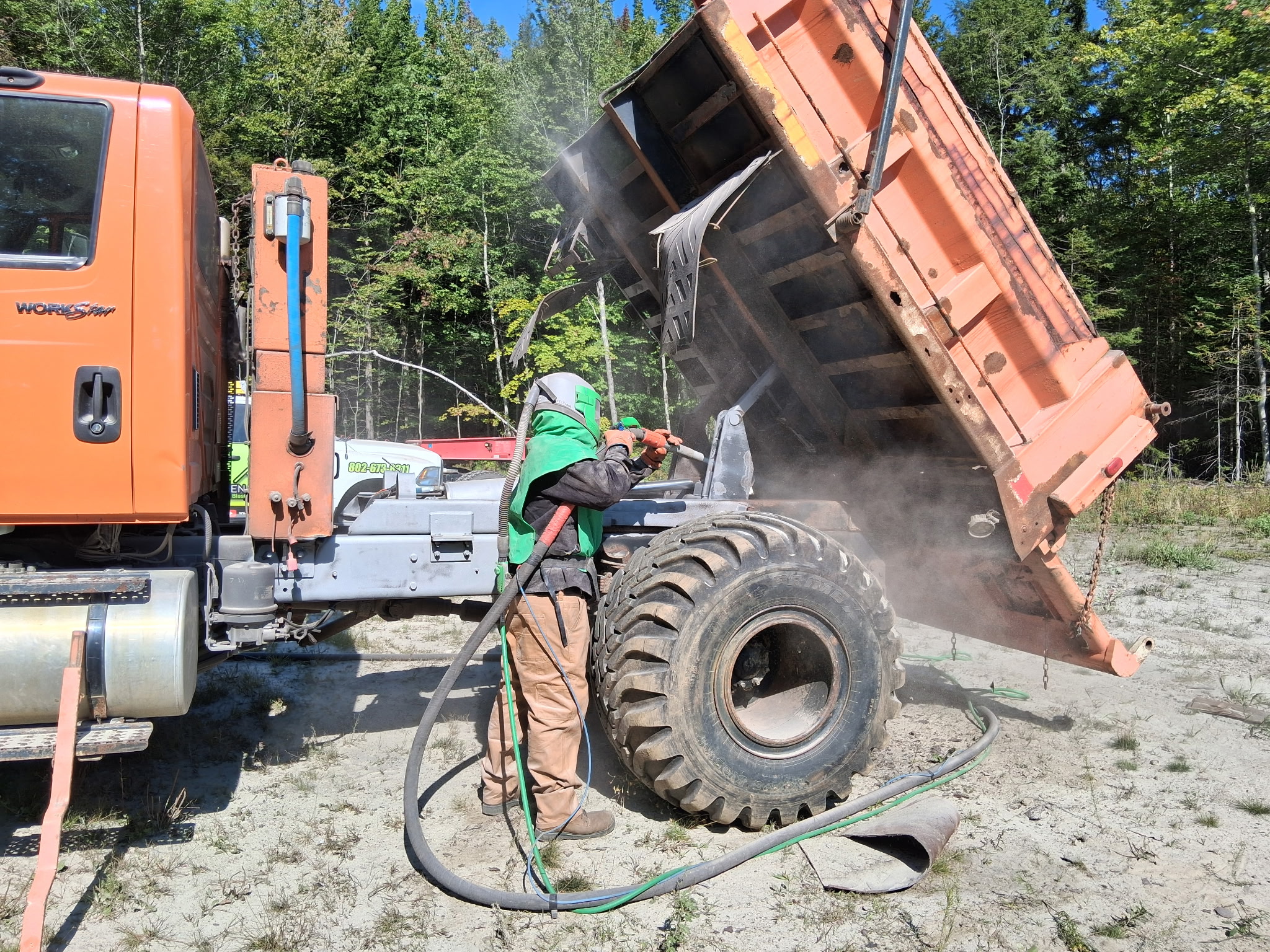 Old State Dump Truck Restoration – Complete Sandblasting & Rust Treatment Before during and after restoration of an old state dump truck with the dump bed frame and front plow attachments sandblasted and treated with XIONLABS