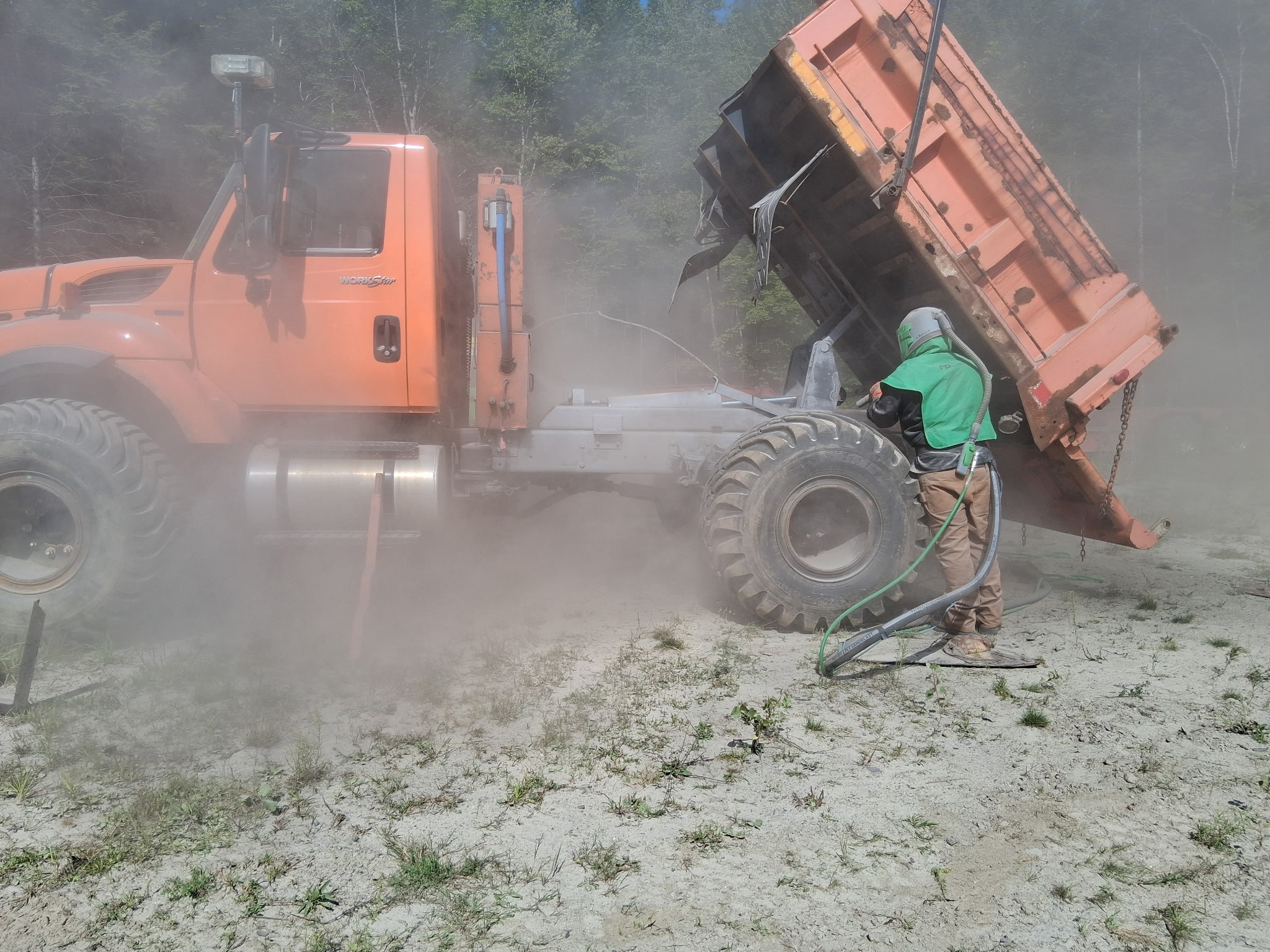 Old State Dump Truck Restoration – Complete Sandblasting & Rust Treatment Before during and after restoration of an old state dump truck with the dump bed frame and front plow attachments sandblasted and treated with XIONLABS