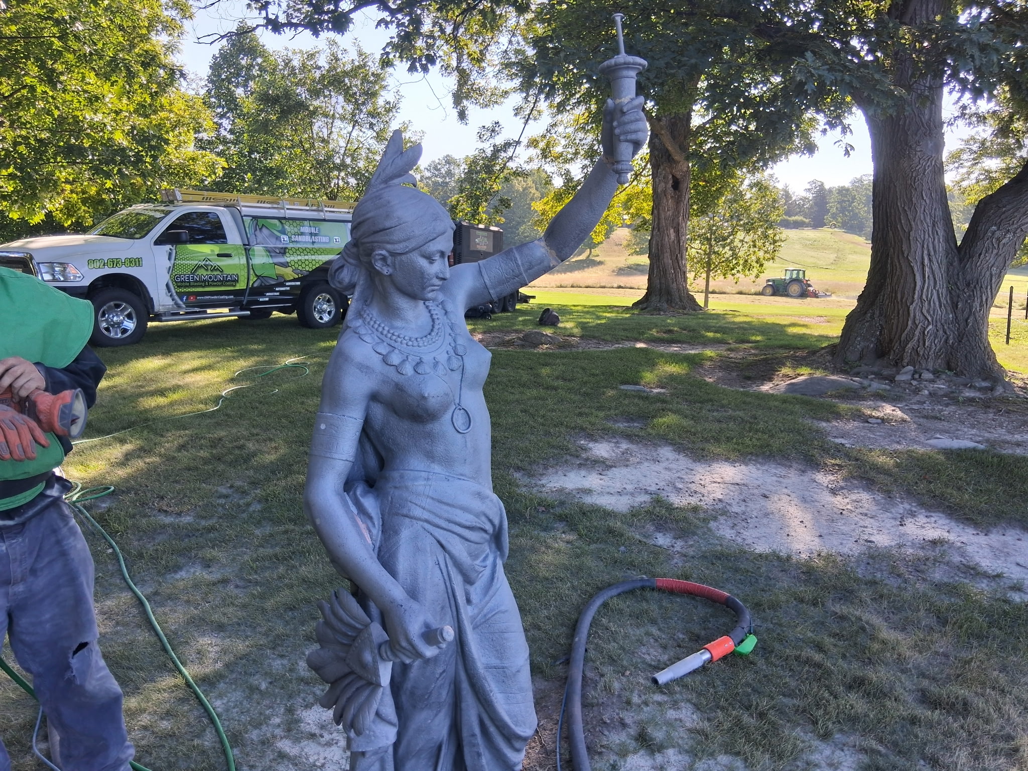 Six-Foot Indian Statue Restoration – Sandblasting & Painting Six-foot Indian statue restored by sandblasting to bare substrate and refinishing in black.