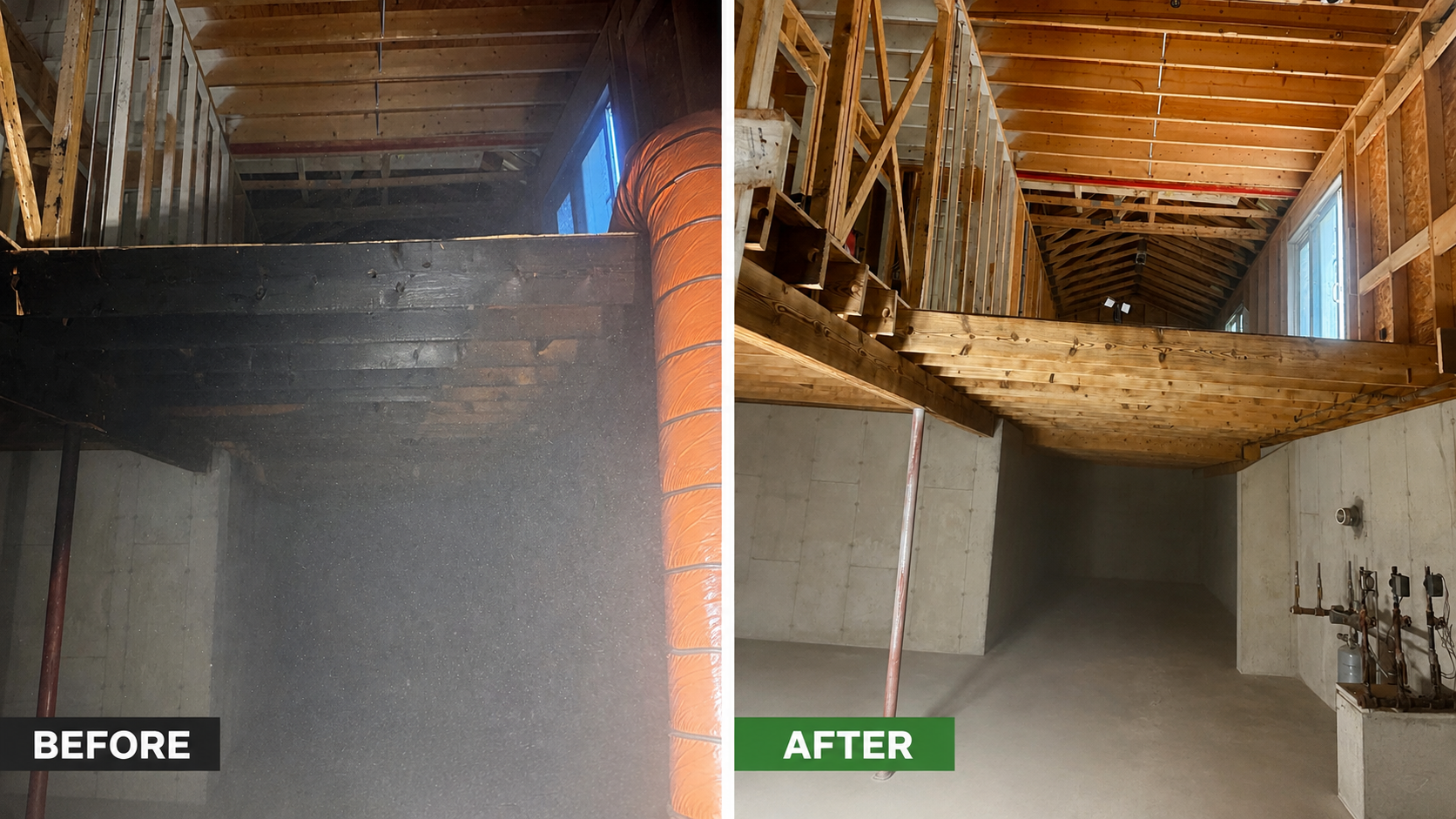 Fire Damage Restoration – Before & After Sandblasting Burned home before and after sandblasting restoration by Green Mountain Sandblasting and Powder Coating LLC for Phase Two Construction