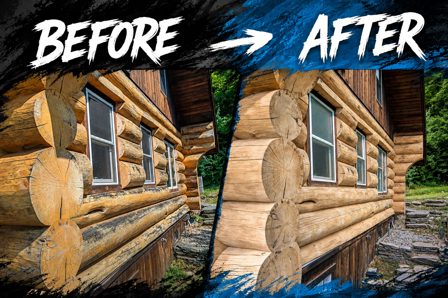 Log Cabin Sandblasting & Weathering Removal – Roxbury, Vermont Before and after log cabin restoration in Roxbury Vermont showing gray weathered logs sandblasted back to clean natural wood