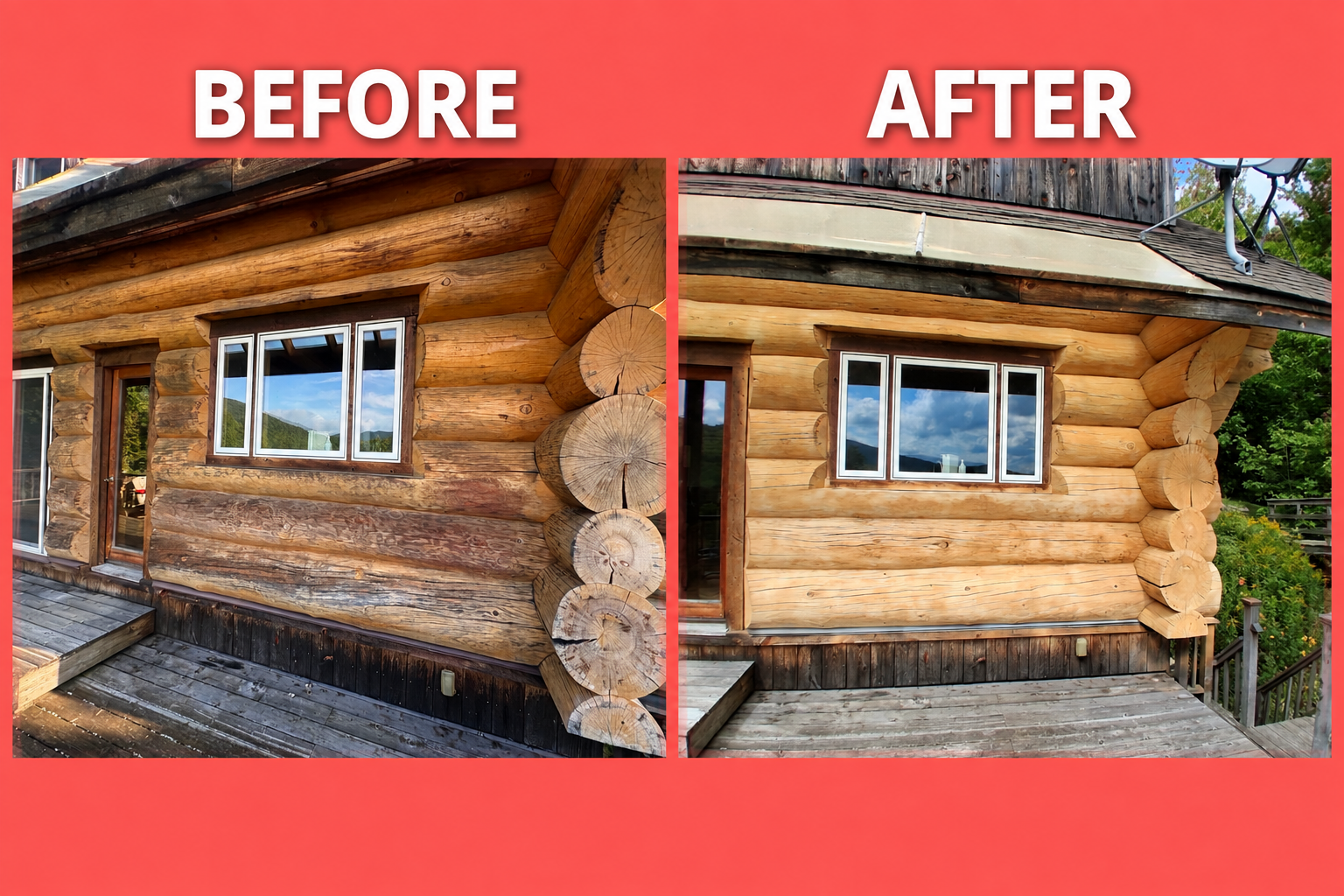 Log Cabin Sandblasting & Weathering Removal – Roxbury, Vermont Before and after log cabin restoration in Roxbury Vermont showing gray weathered logs sandblasted back to clean natural wood