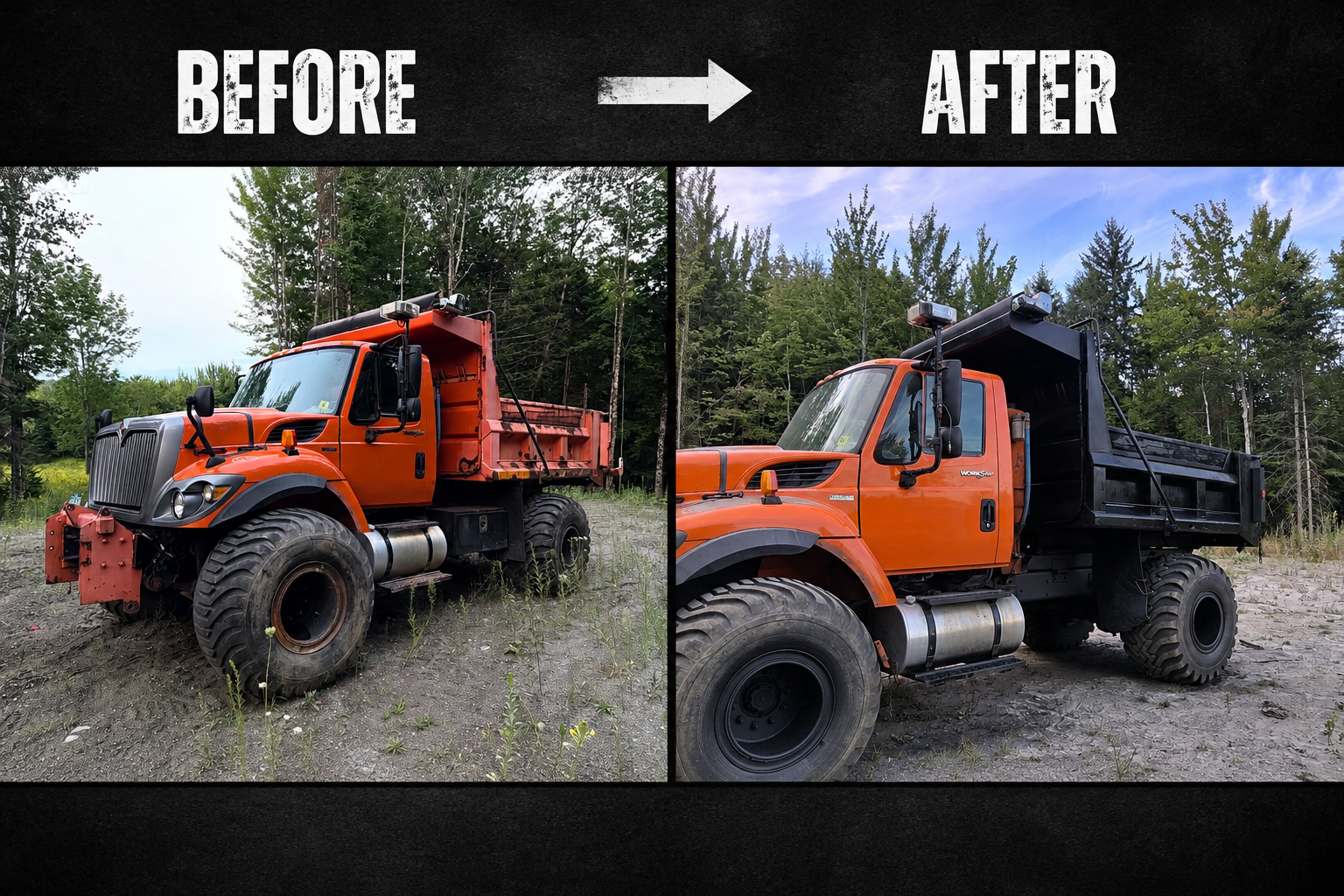 Old State Dump Truck Restoration – Complete Sandblasting & Rust Treatment Before during and after restoration of an old state dump truck with the dump bed frame and front plow attachments sandblasted and treated with XIONLABS